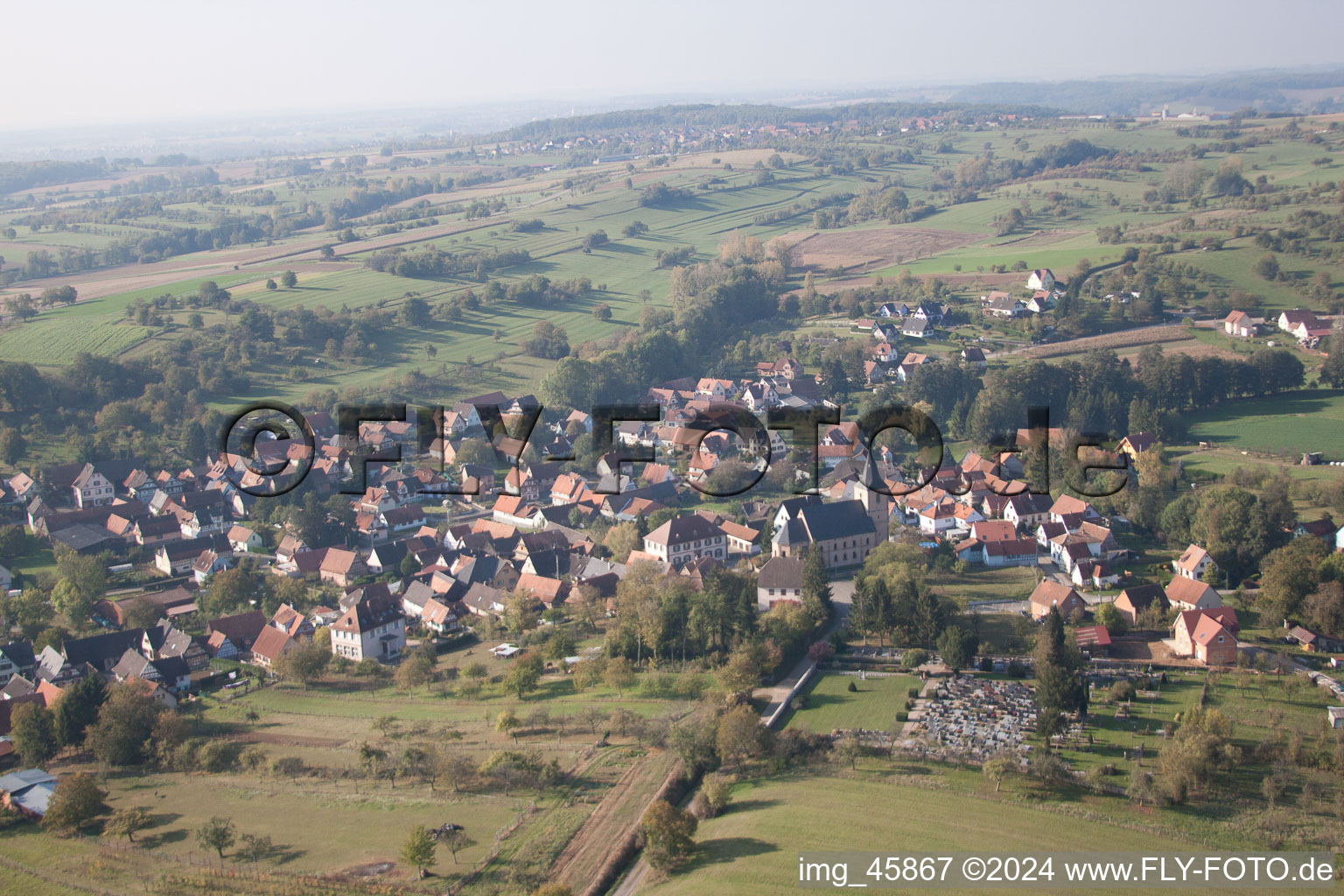 Preuschdorf in the state Bas-Rhin, France viewn from the air