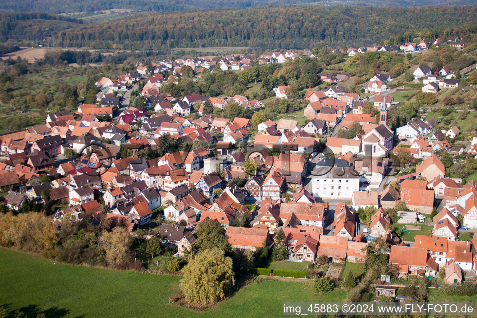 Gœrsdorf in the state Bas-Rhin, France from the drone perspective