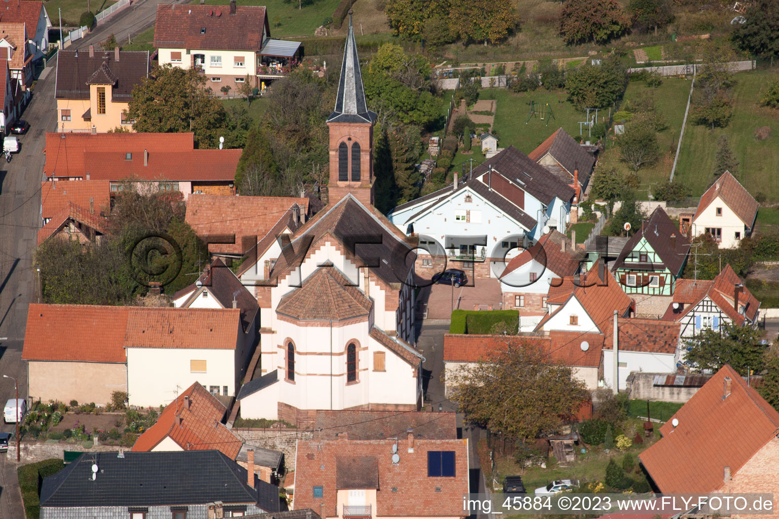 Gœrsdorf in the state Bas-Rhin, France from the drone perspective