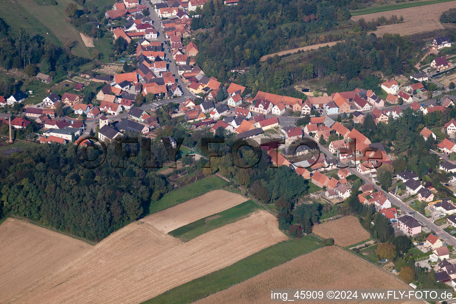 Neewiller-près-Lauterbourg in the state Bas-Rhin, France viewn from the air