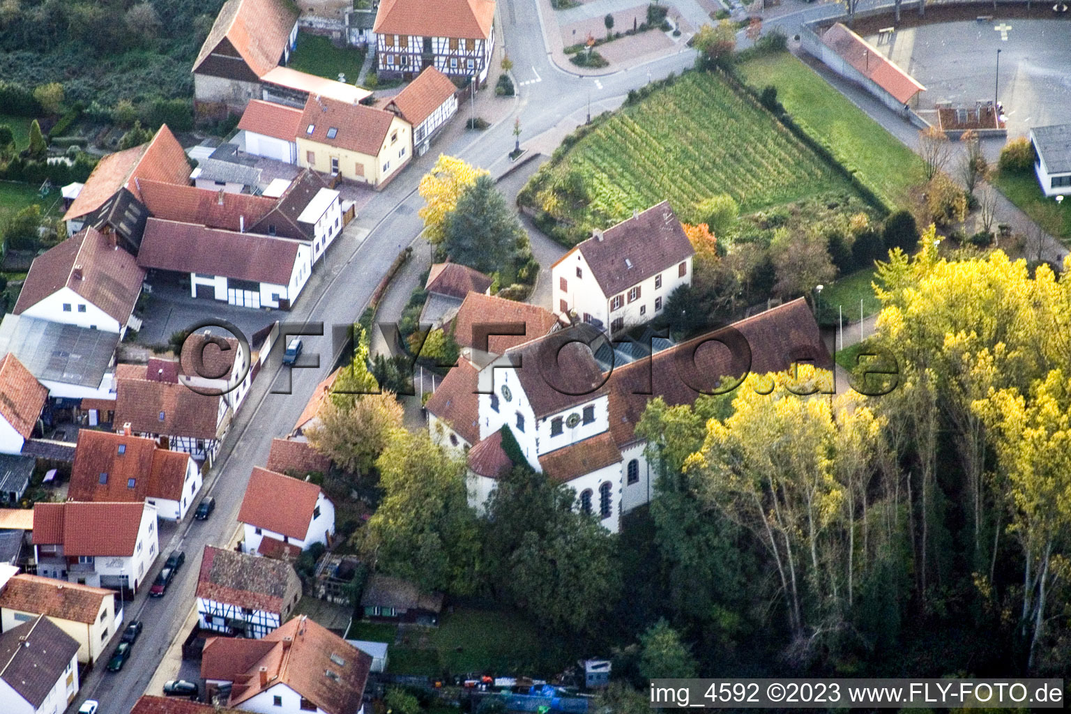 Oblique view of Heiligenberg, church in Hördt in the state Rhineland-Palatinate, Germany