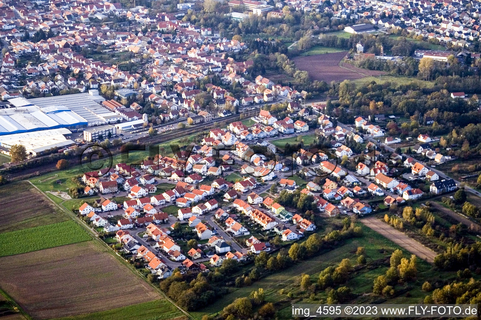 Aerial view of Robert Koch Street in Bellheim in the state Rhineland-Palatinate, Germany