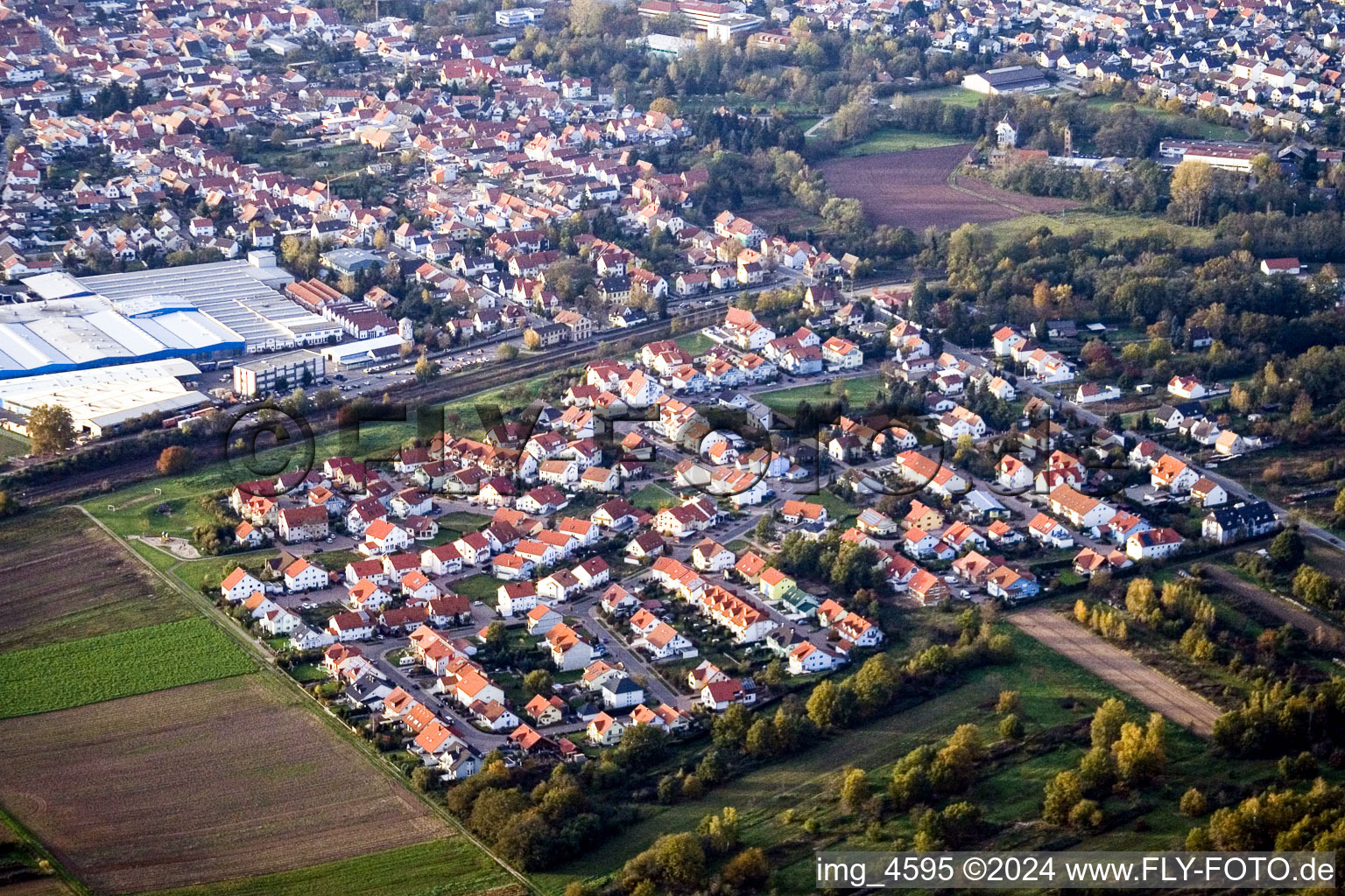 Aerial view of Robert-Koch-Strasse in Bellheim in the state Rhineland-Palatinate, Germany