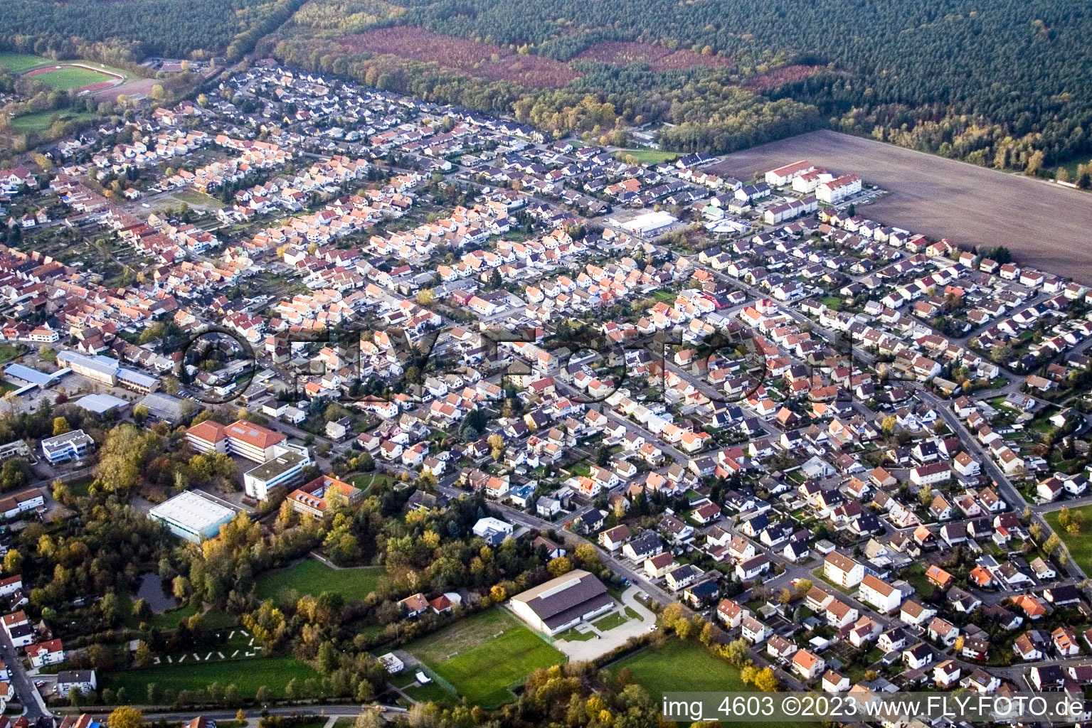 Aerial view of Postgrabenstr in Bellheim in the state Rhineland-Palatinate, Germany