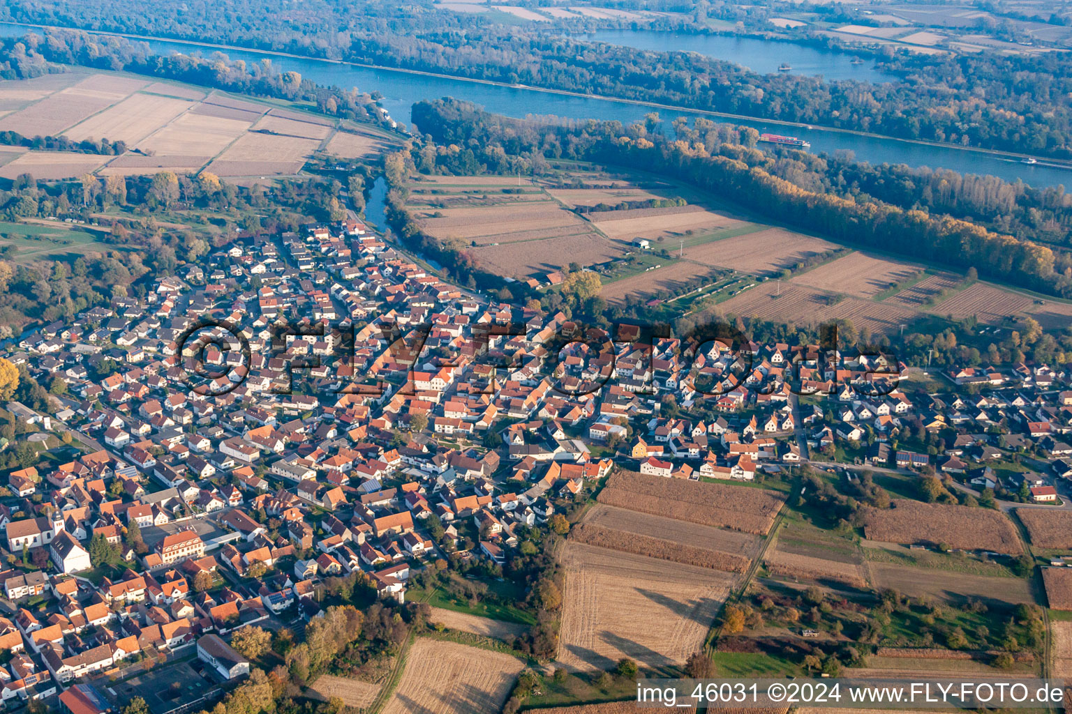 Drone recording of Neuburg am Rhein in the state Rhineland-Palatinate, Germany