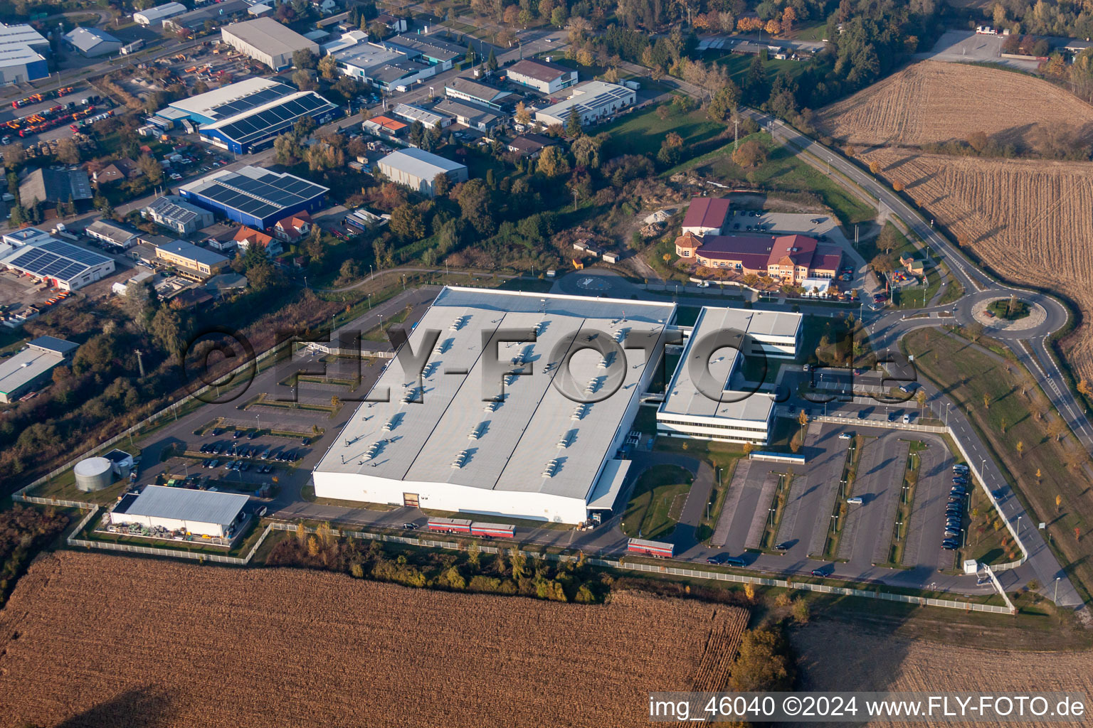 Oblique view of Industrial area in Hagenbach in the state Rhineland-Palatinate, Germany