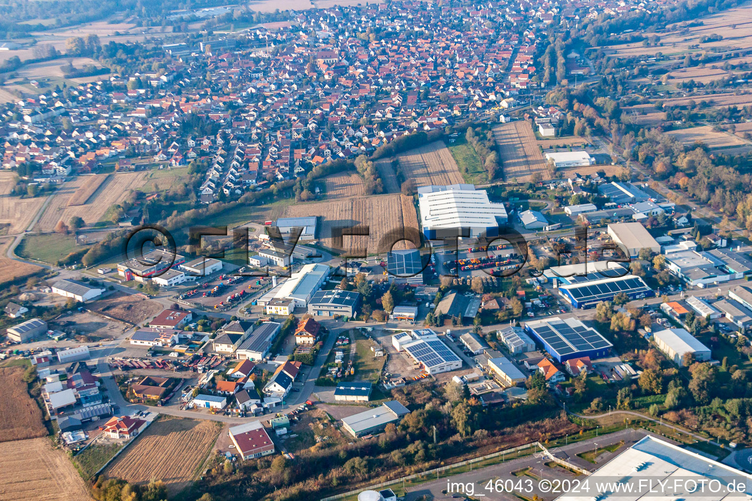 Industrial area in Hagenbach in the state Rhineland-Palatinate, Germany from above