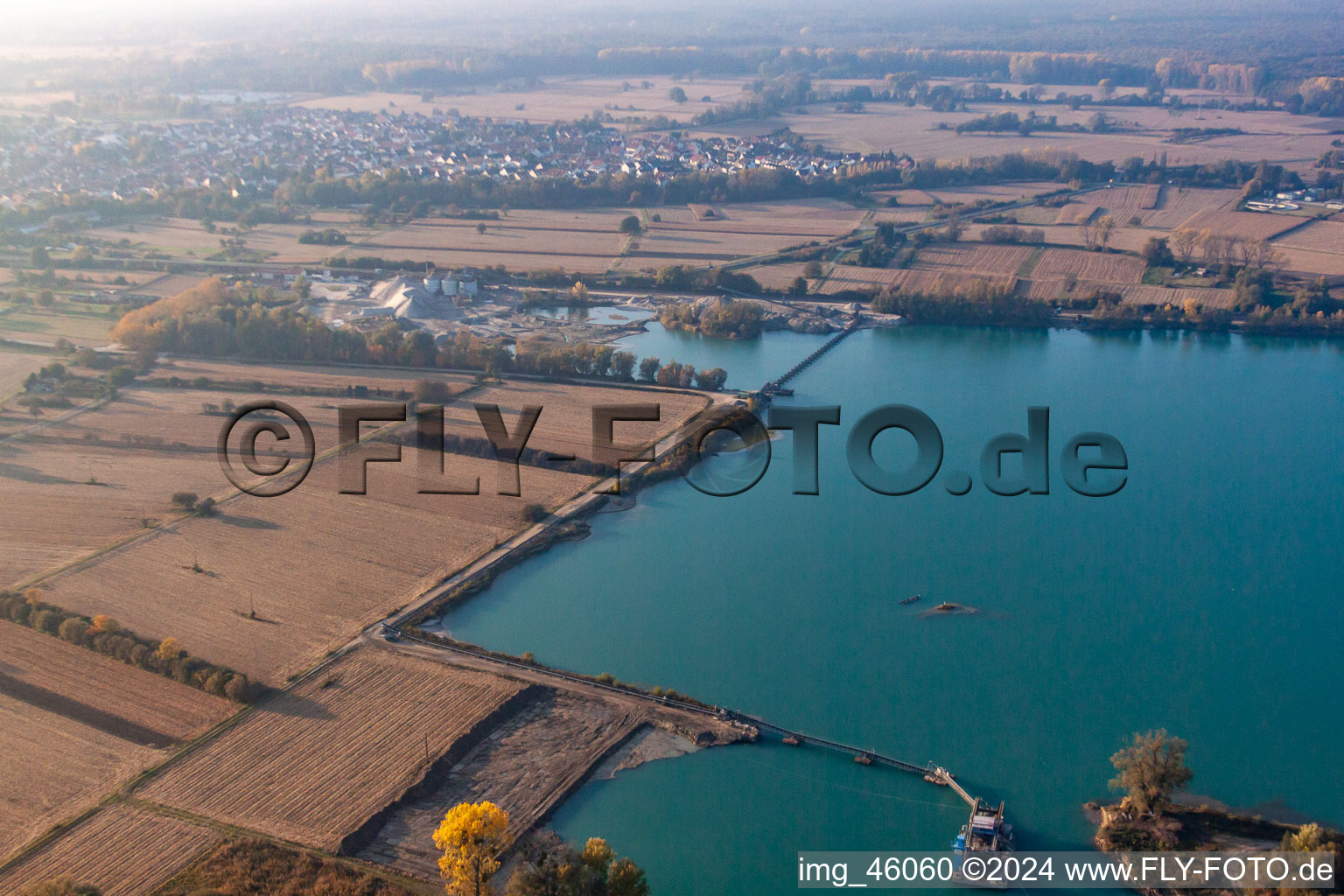 Aerial view of Gravel pond in Hagenbach in the state Rhineland-Palatinate, Germany