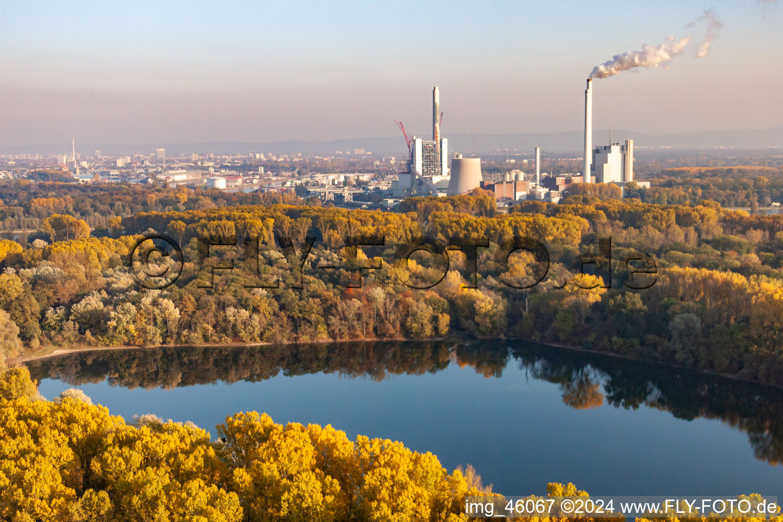 Aerial view of ENBW hard coal power plant on the Rhine in the district Daxlanden in Karlsruhe in the state Baden-Wuerttemberg, Germany