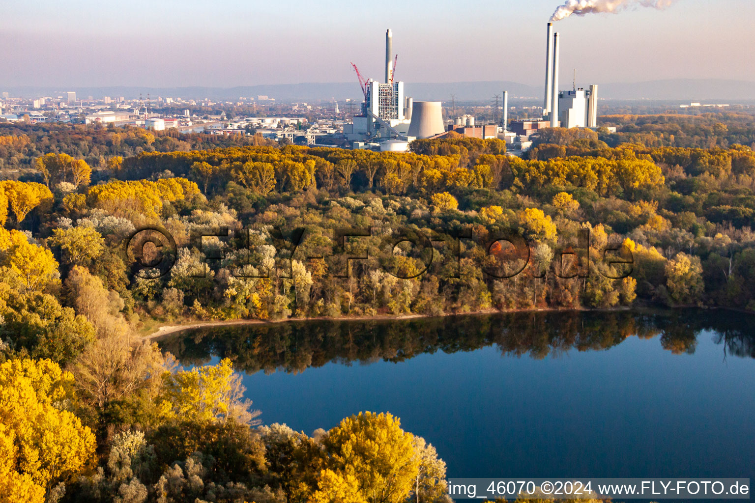 Aerial photograpy of ENBW hard coal power plant on the Rhine in the district Daxlanden in Karlsruhe in the state Baden-Wuerttemberg, Germany