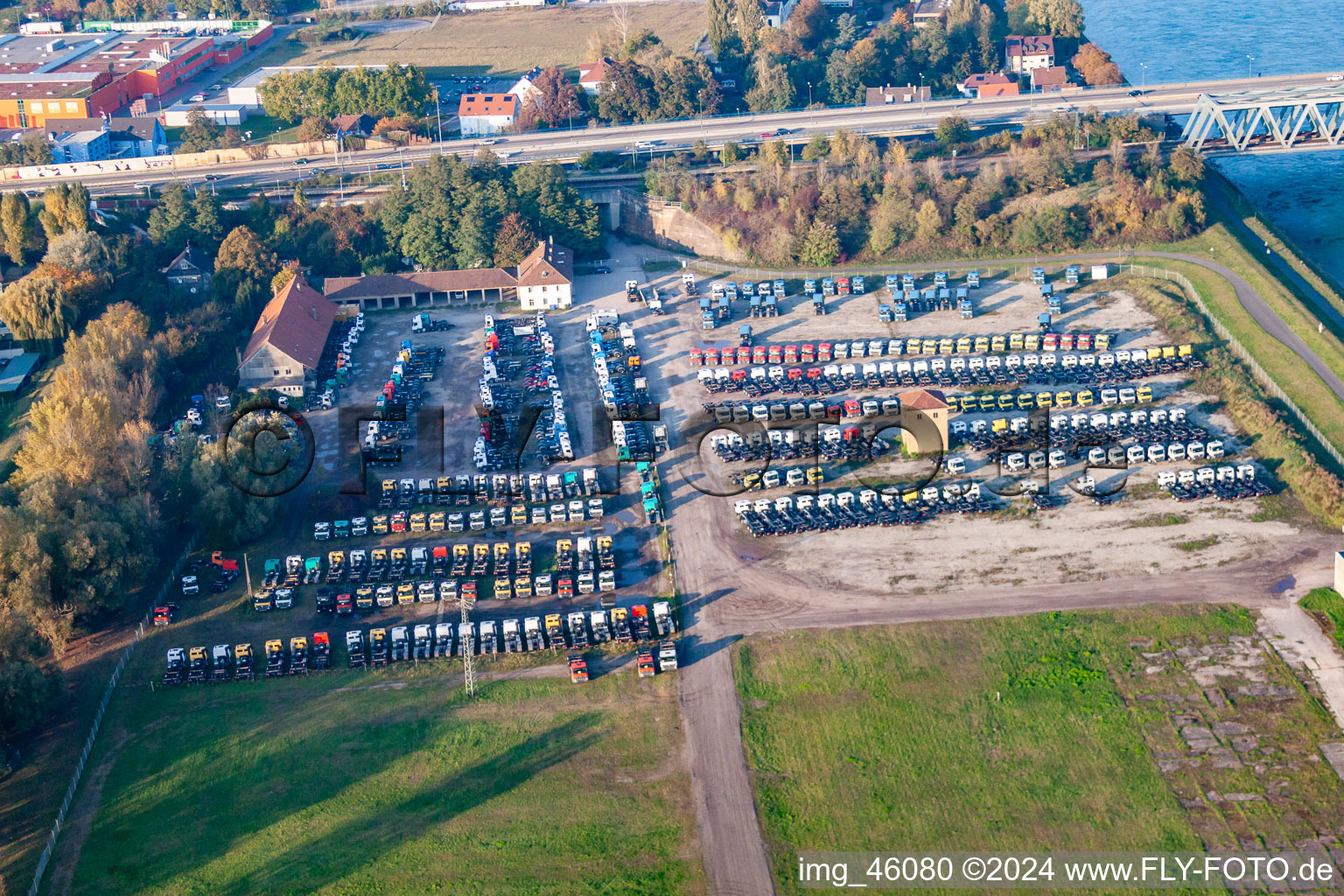 Aerial view of Truck storage in the district Maximiliansau in Wörth am Rhein in the state Rhineland-Palatinate, Germany