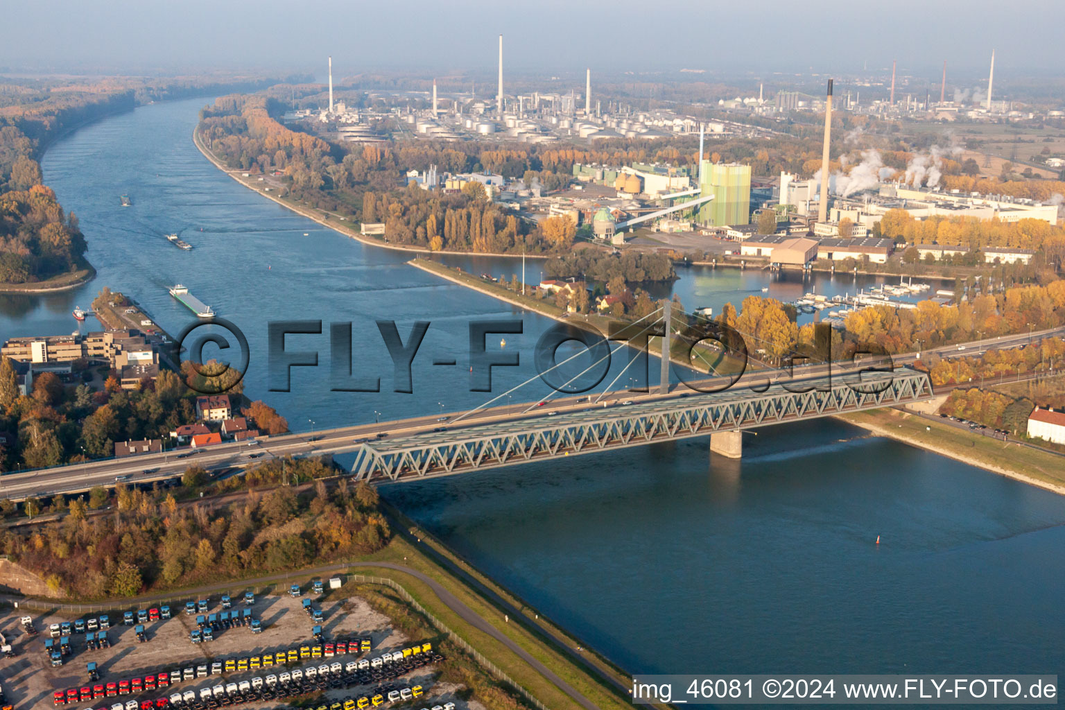 Rail and Street bridges construction across the Rhine river between Karlsruhe and Woerth am Rhein in the state Rhineland-Palatinate, Germany out of the air