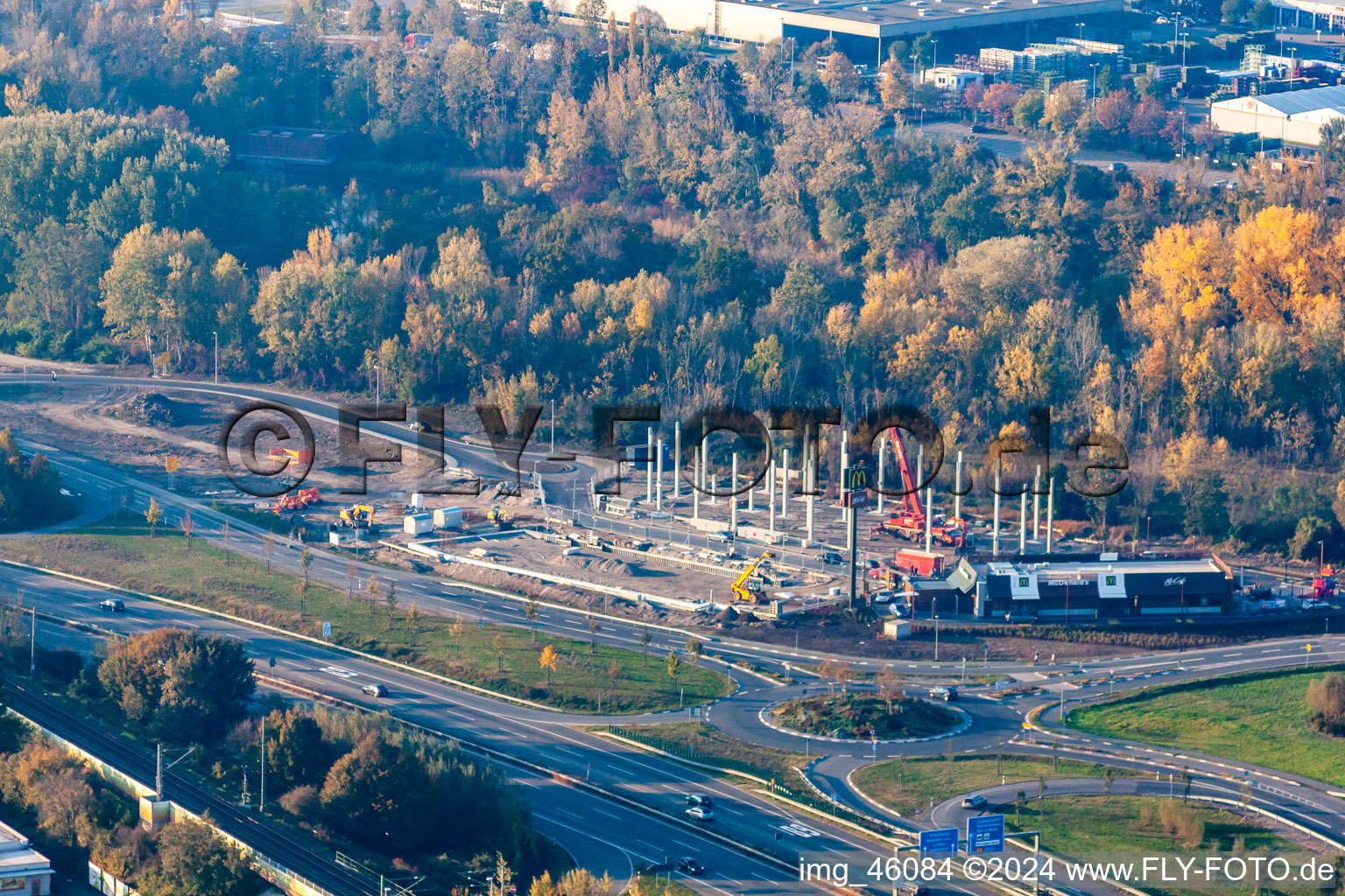 Aerial view of New construction of the building complex of the shopping center Maximilian-Center in the district Maximilian-Center in Woerth am Rhein in the state Rhineland-Palatinate, Germany