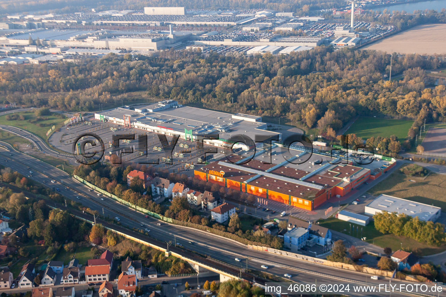 Oblique view of Maximilian Center in the district Maximiliansau in Wörth am Rhein in the state Rhineland-Palatinate, Germany