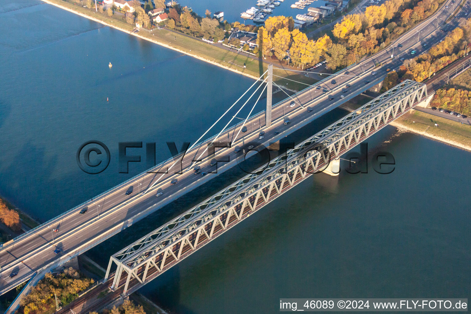 Aerial view of Rhine Bridge in the district Maximiliansau in Wörth am Rhein in the state Rhineland-Palatinate, Germany