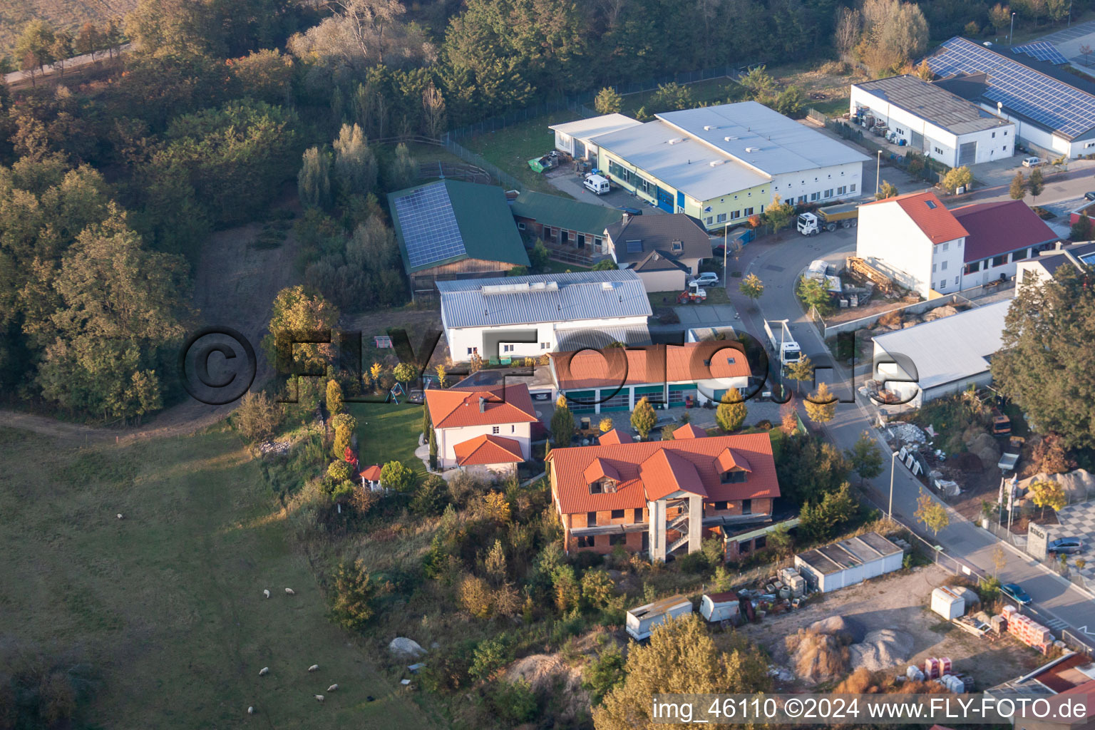 Aerial view of Mittelwegring commercial area in Jockgrim in the state Rhineland-Palatinate, Germany