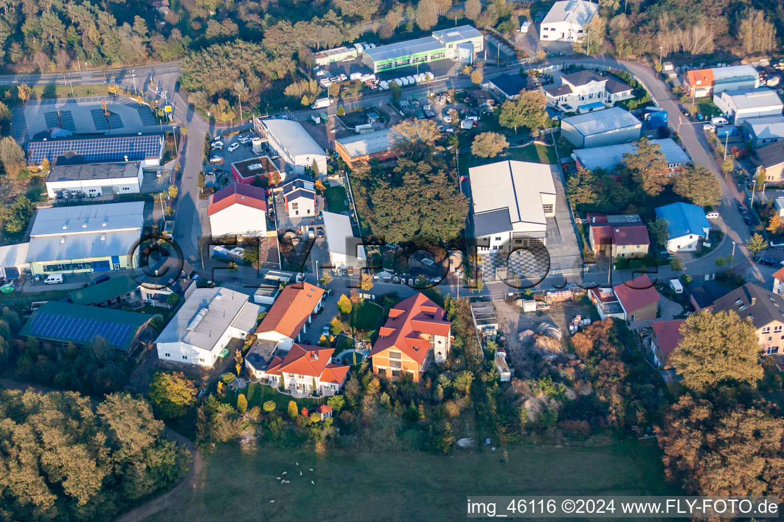 Aerial photograpy of Mittelwegring commercial area in Jockgrim in the state Rhineland-Palatinate, Germany