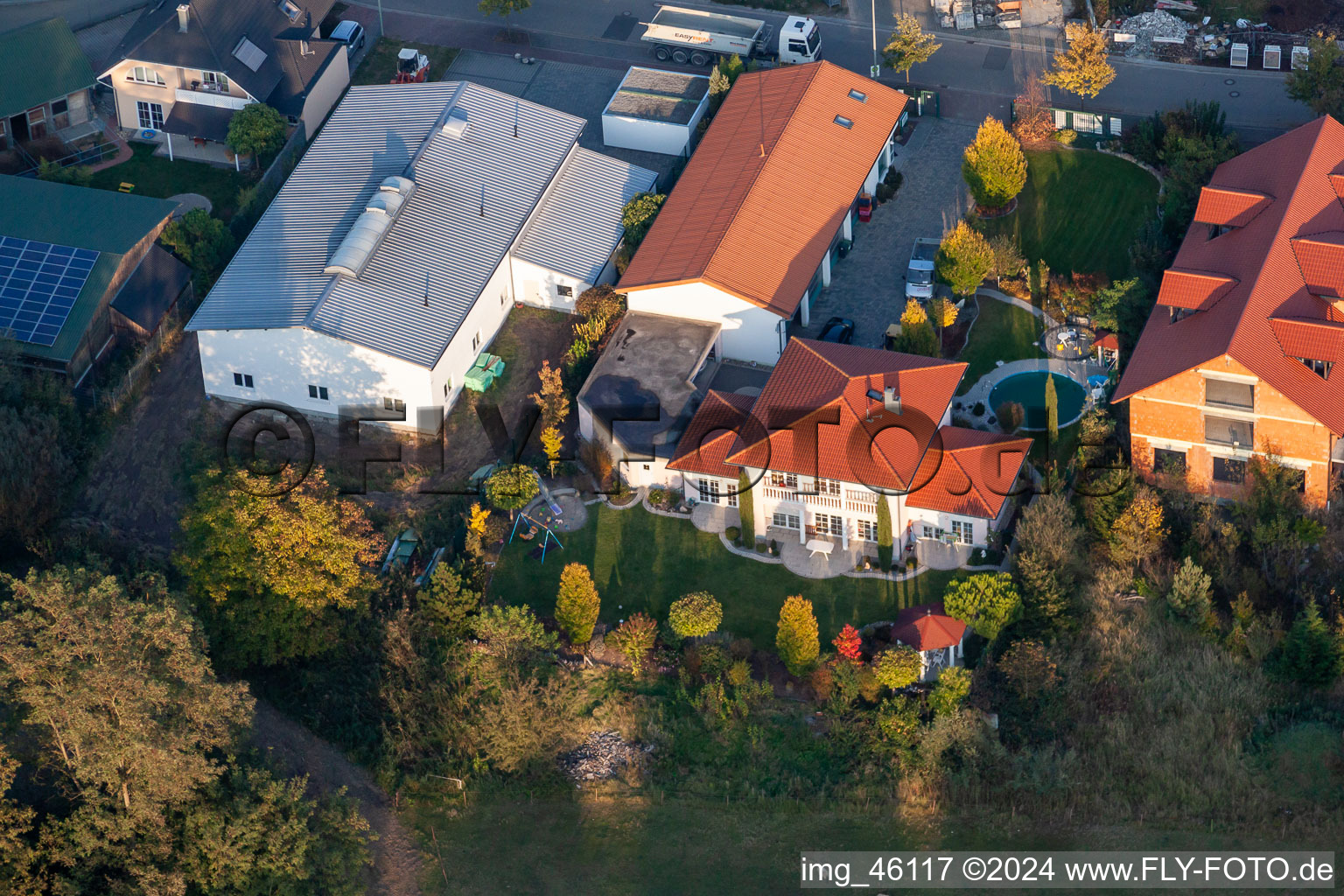 Oblique view of Mittelwegring commercial area in Jockgrim in the state Rhineland-Palatinate, Germany