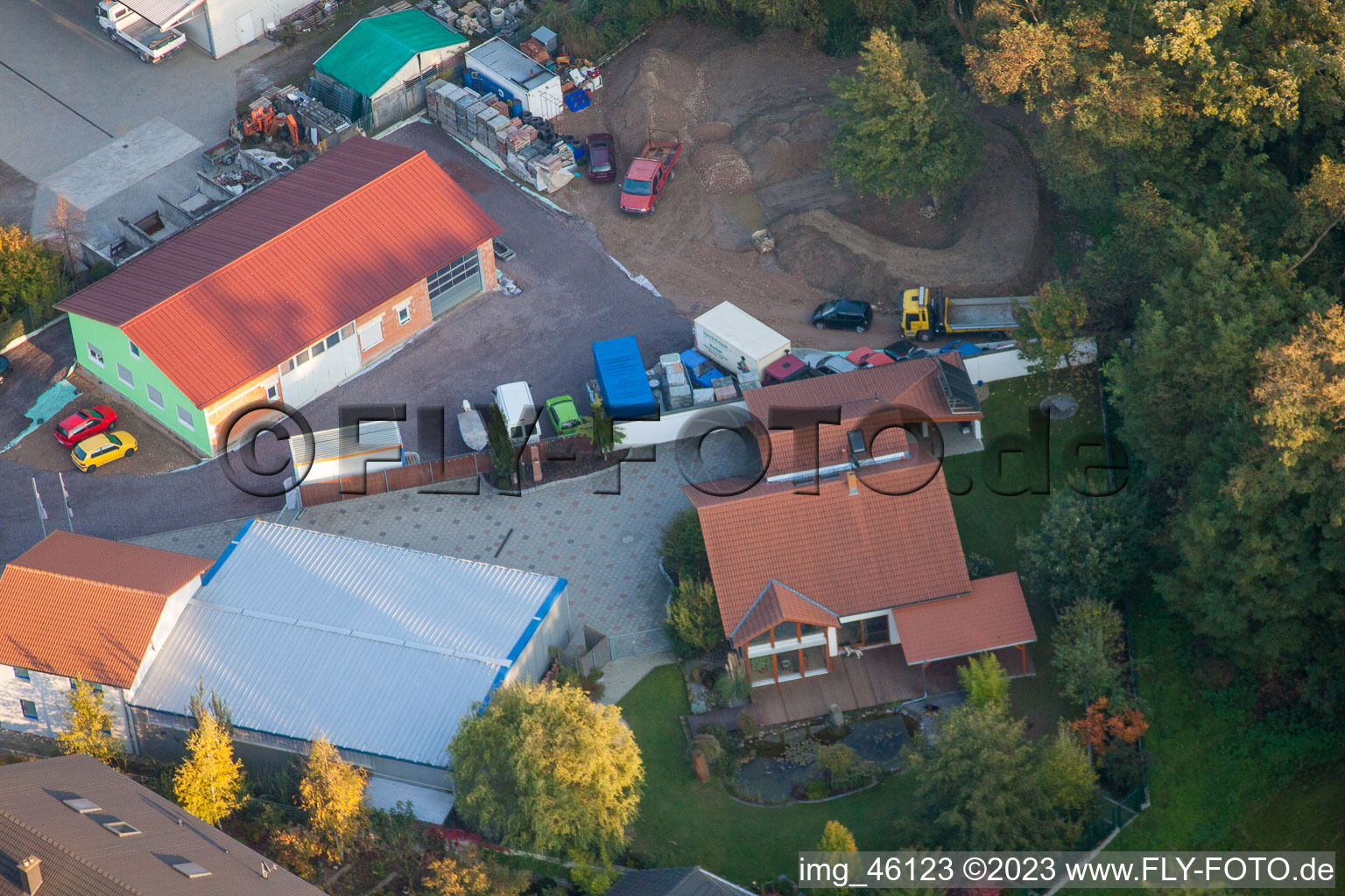 Commercial area SW in Jockgrim in the state Rhineland-Palatinate, Germany seen from above