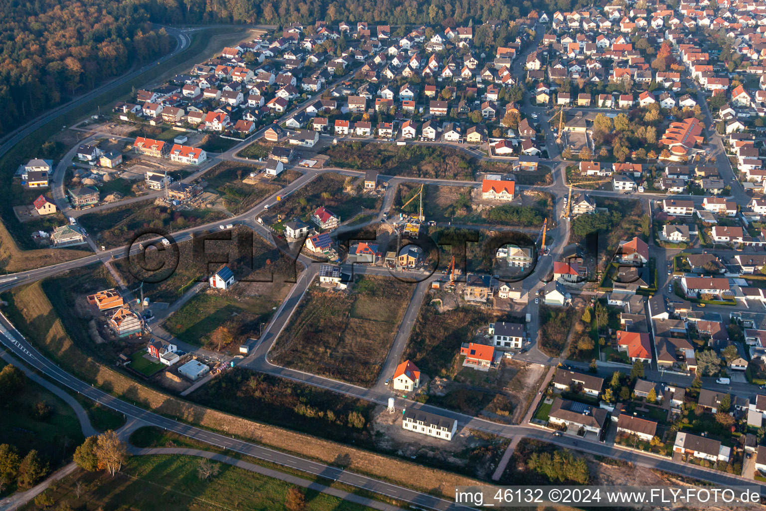 Oblique view of Forstlandallee in Jockgrim in the state Rhineland-Palatinate, Germany