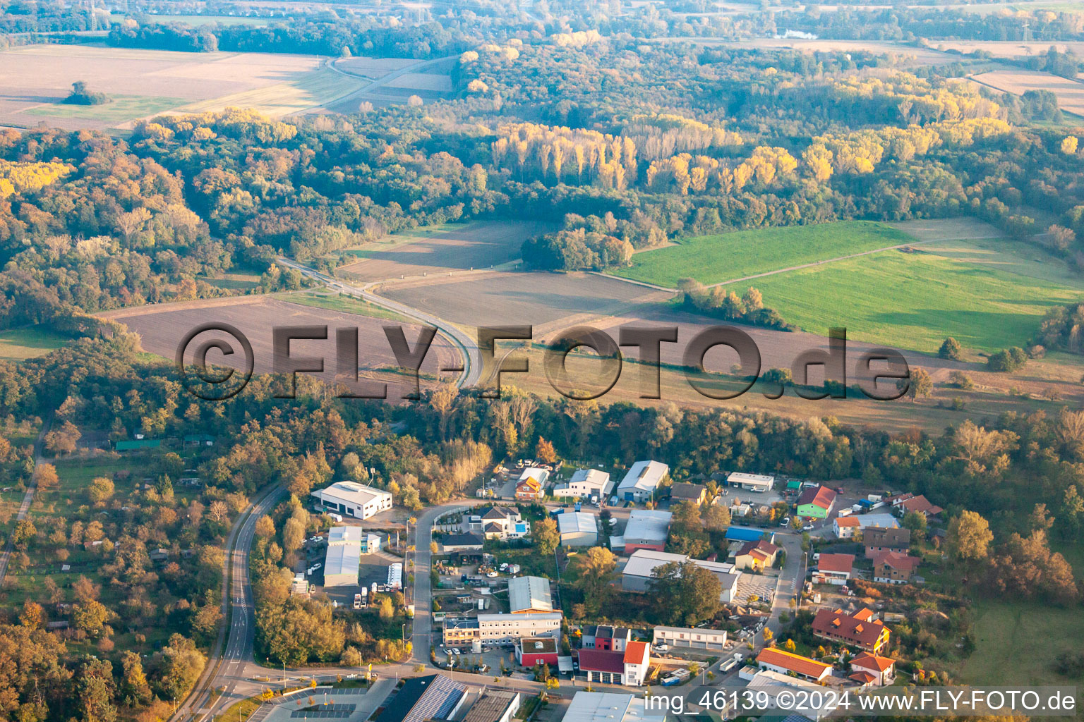 Mittelwegring commercial area in Jockgrim in the state Rhineland-Palatinate, Germany from the drone perspective