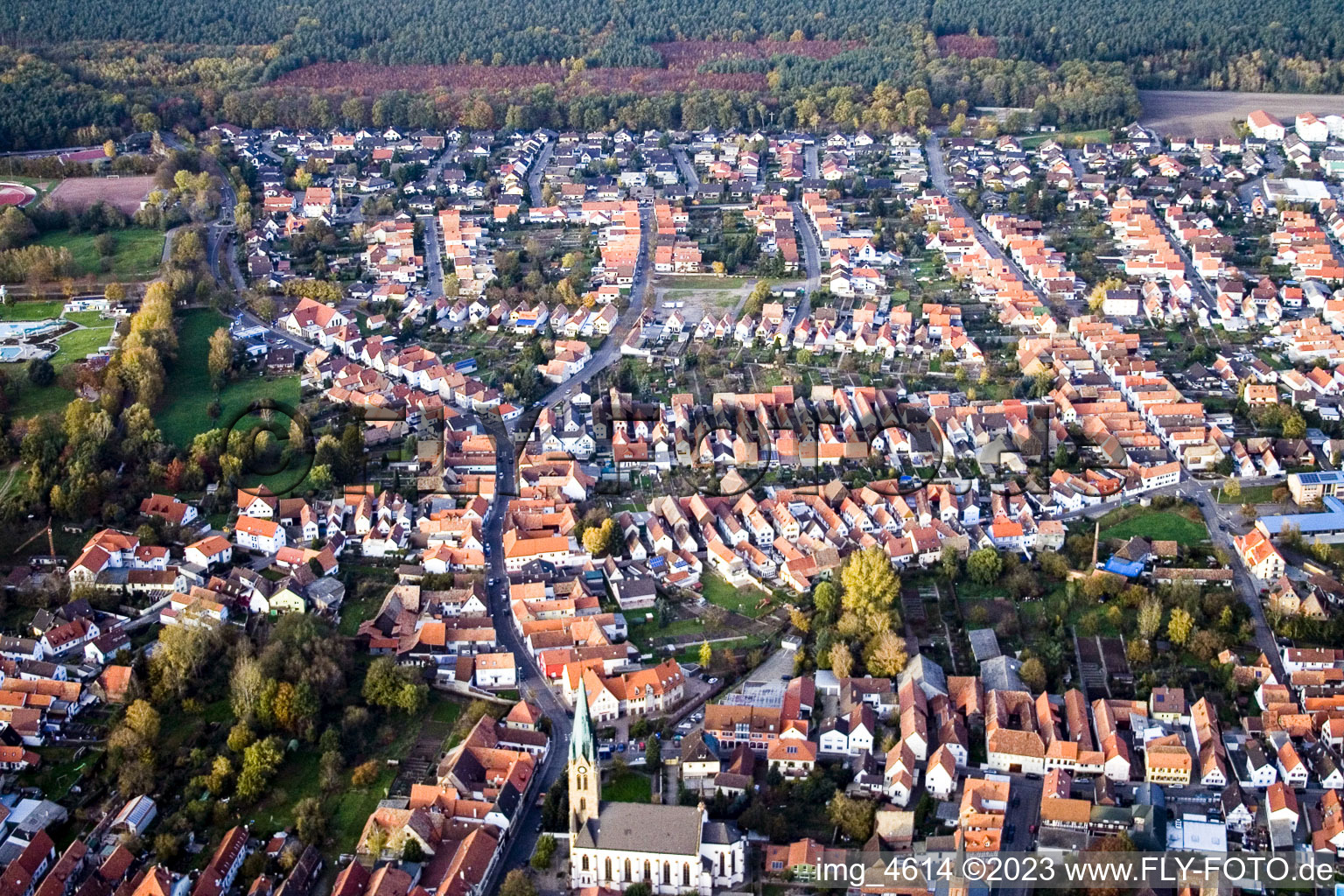 Aerial view of From the south in Bellheim in the state Rhineland-Palatinate, Germany