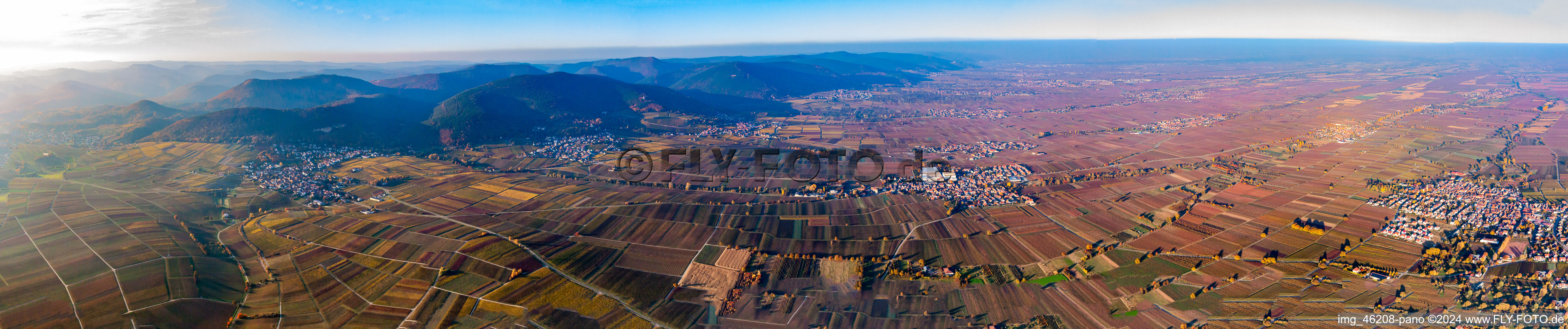 Aerial view of Panorama of the Wine Route and Haardtrand from Frankweiler to the north in Frankweiler in the state Rhineland-Palatinate, Germany