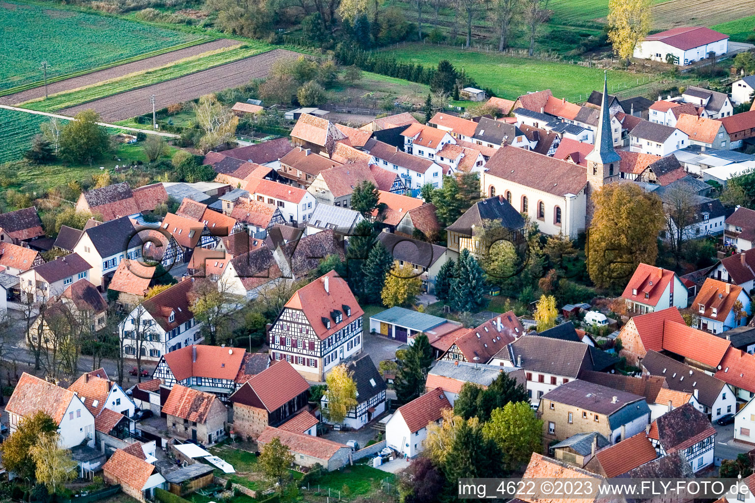 Aerial view of Main Street / Kirchstr in Knittelsheim in the state Rhineland-Palatinate, Germany