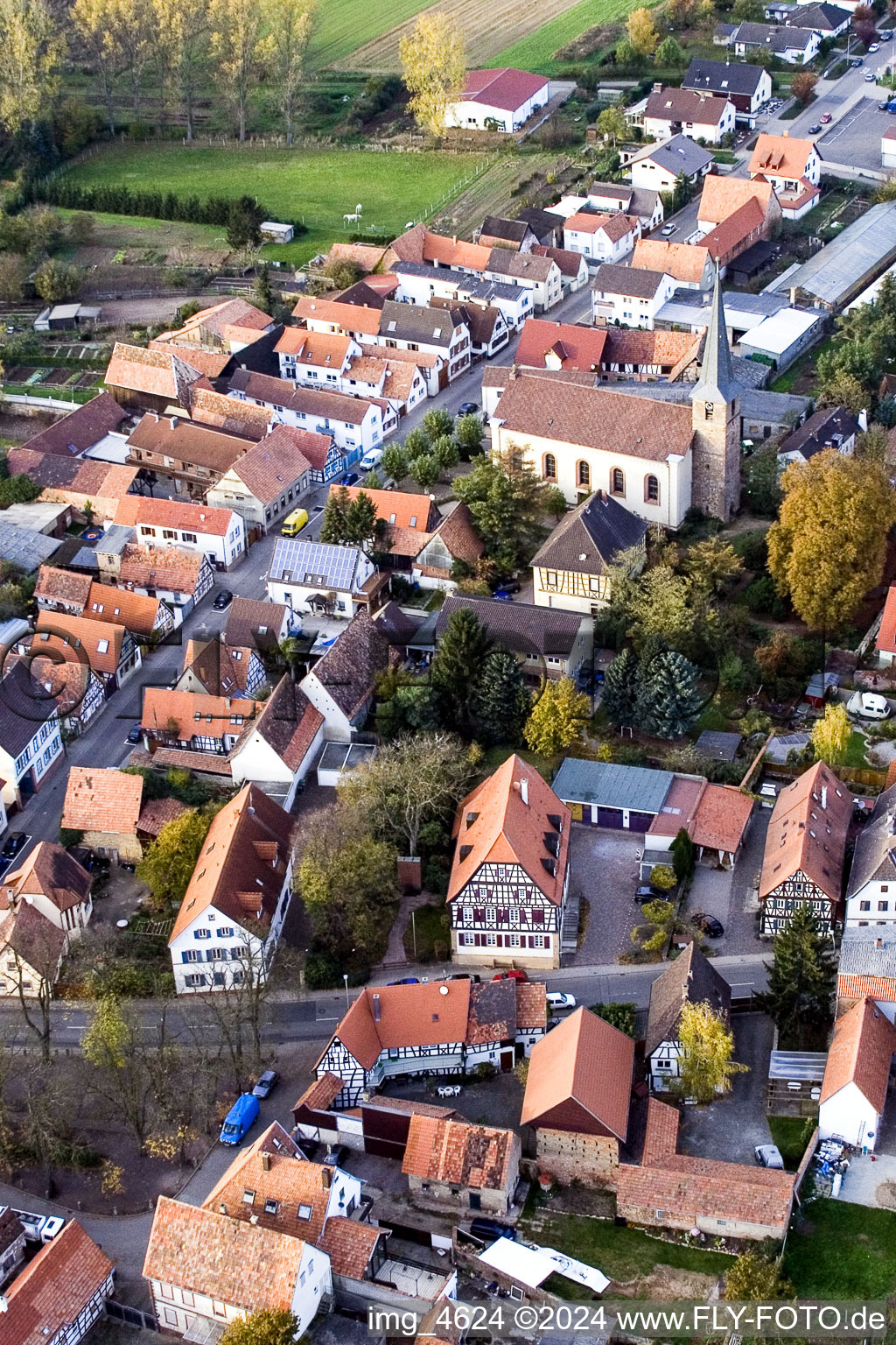 Aerial photograpy of Main Street / Kirchstr in Knittelsheim in the state Rhineland-Palatinate, Germany