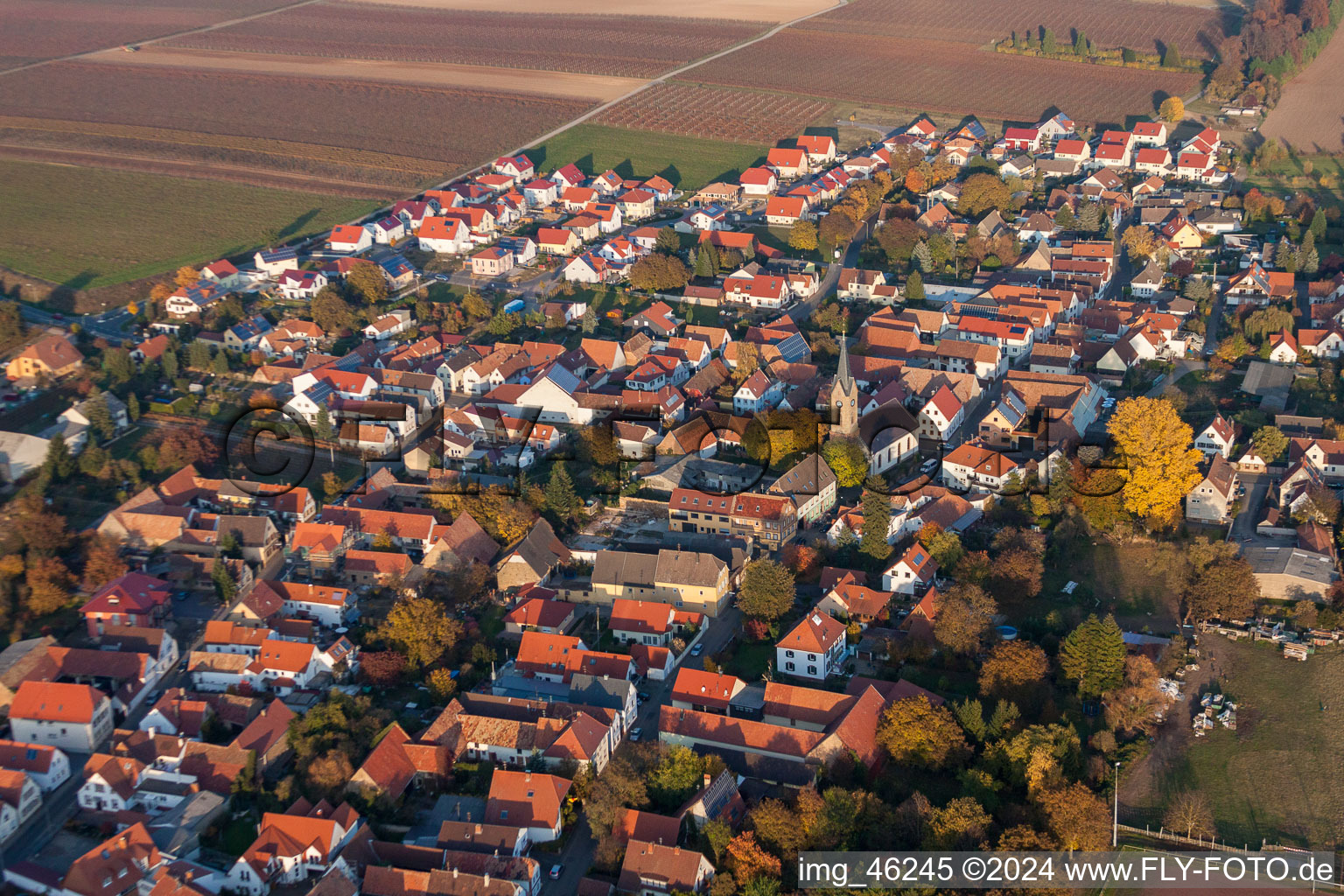 Aerial photograpy of Village - view on the edge of agricultural fields and farmland in Essingen in the state Rhineland-Palatinate