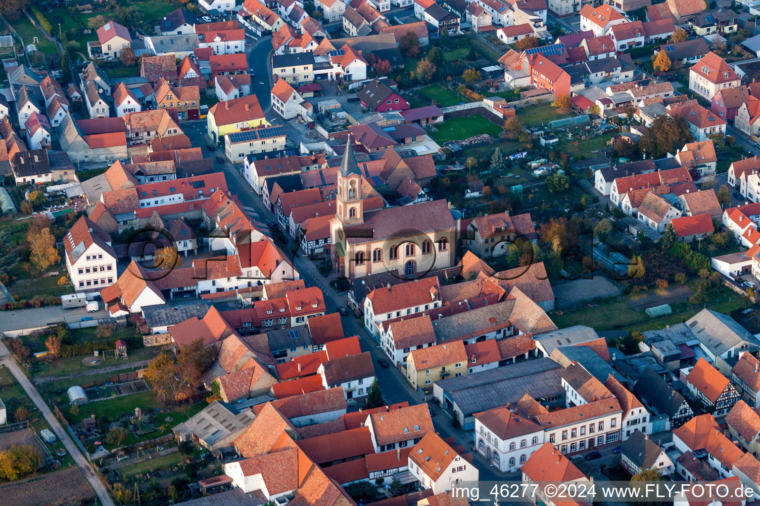 Aerial view of Church building Protestantische Kirche Zeiskam in Zeiskam in the state Rhineland-Palatinate, Germany