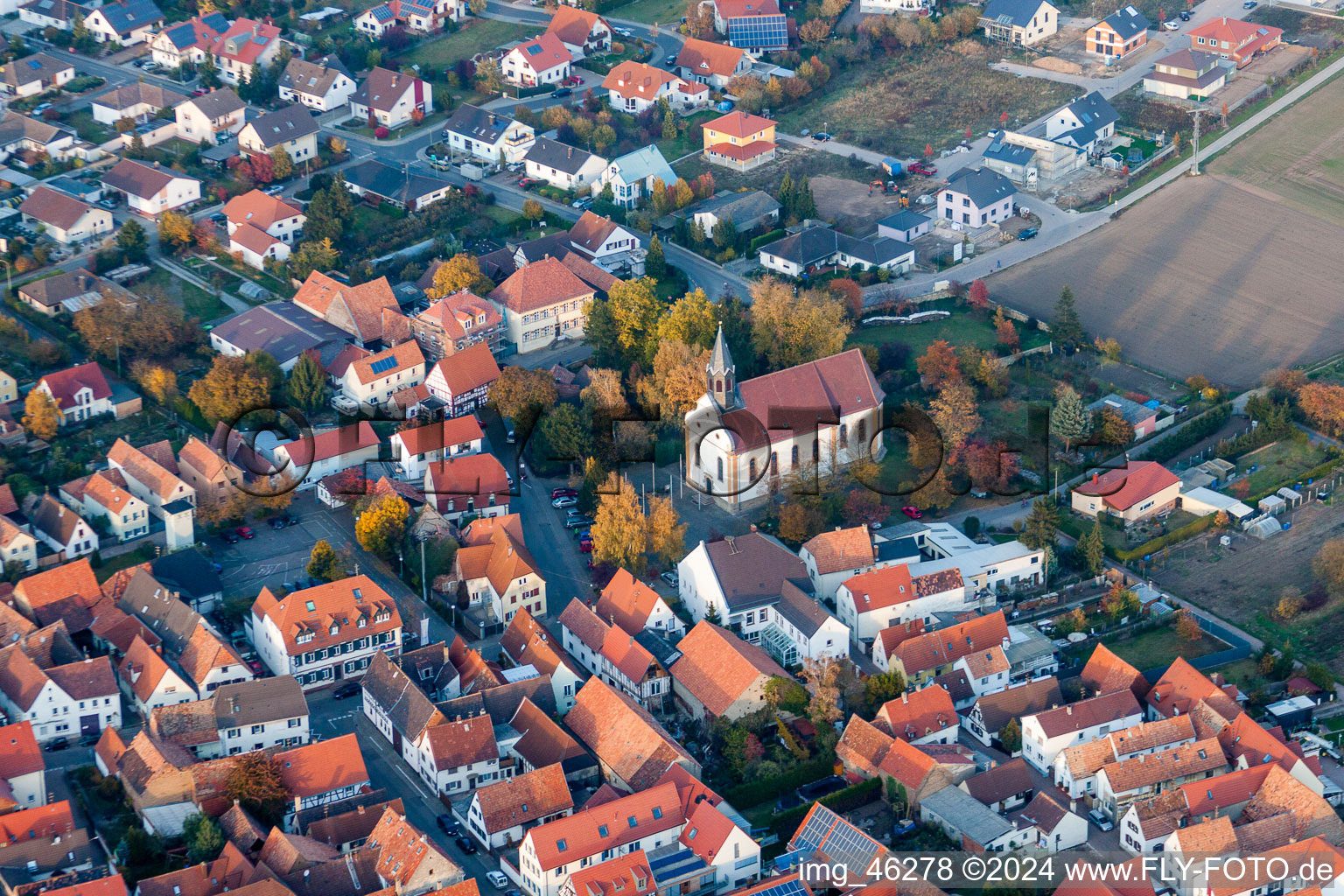 Aerial view of Church building of St. Bartholomew in Zeiskam in the state Rhineland-Palatinate, Germany