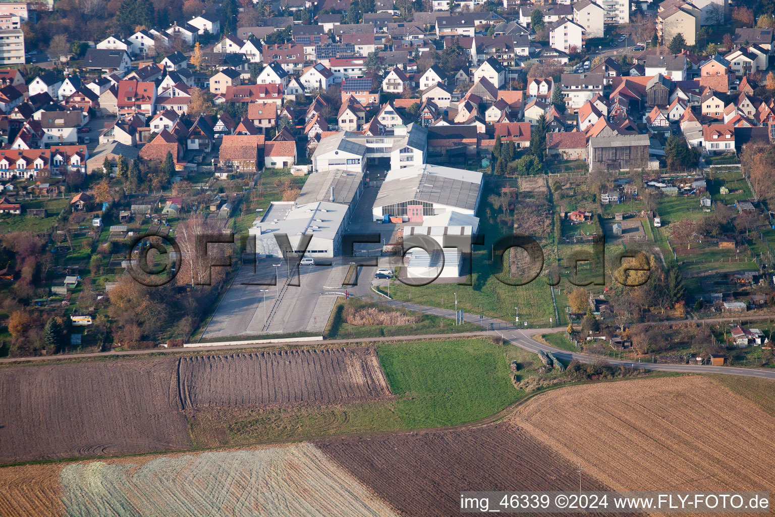 Aerial view of Rheinstrasse, DBK in Kandel in the state Rhineland-Palatinate, Germany