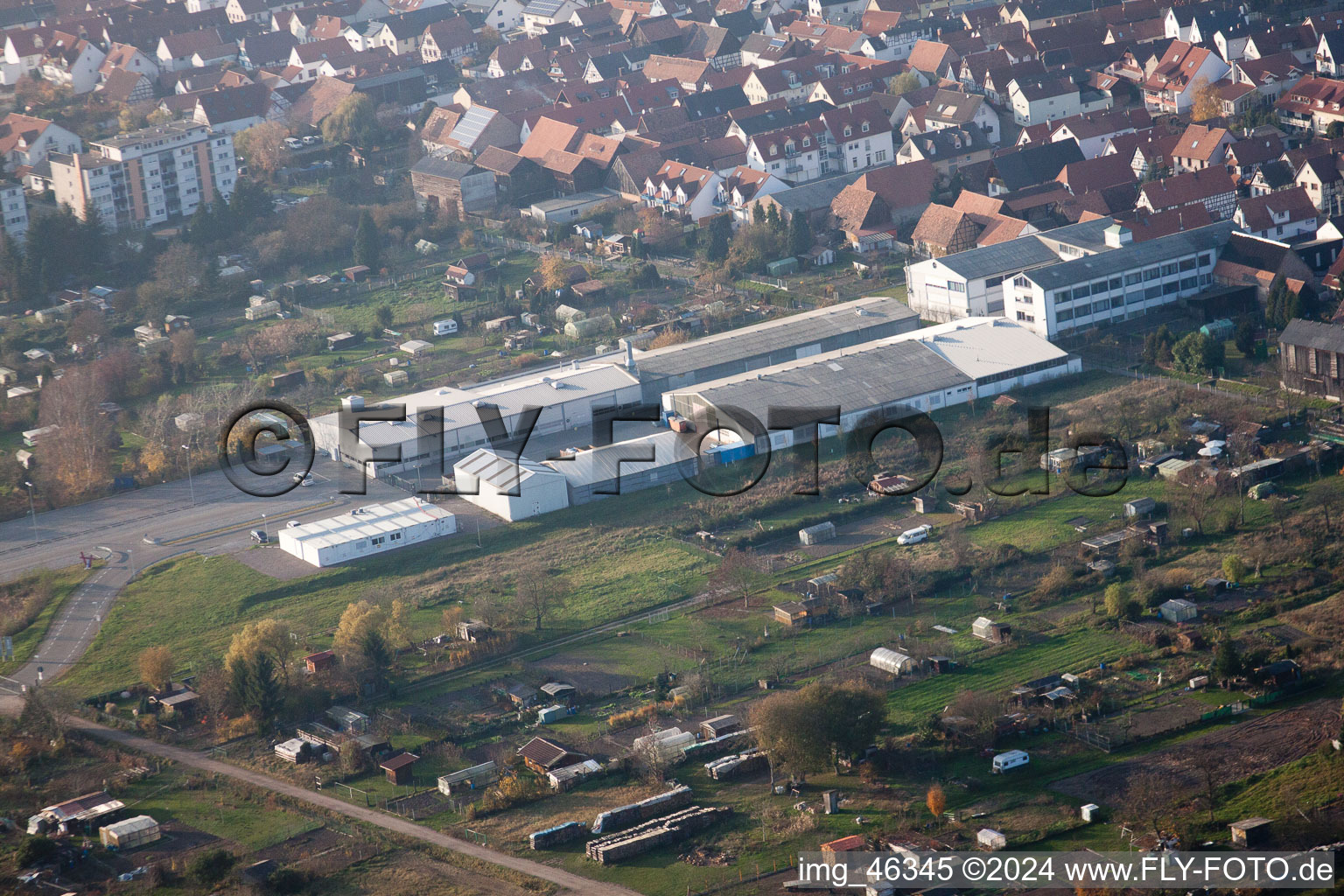 Oblique view of Rheinstrasse, DBK in Kandel in the state Rhineland-Palatinate, Germany