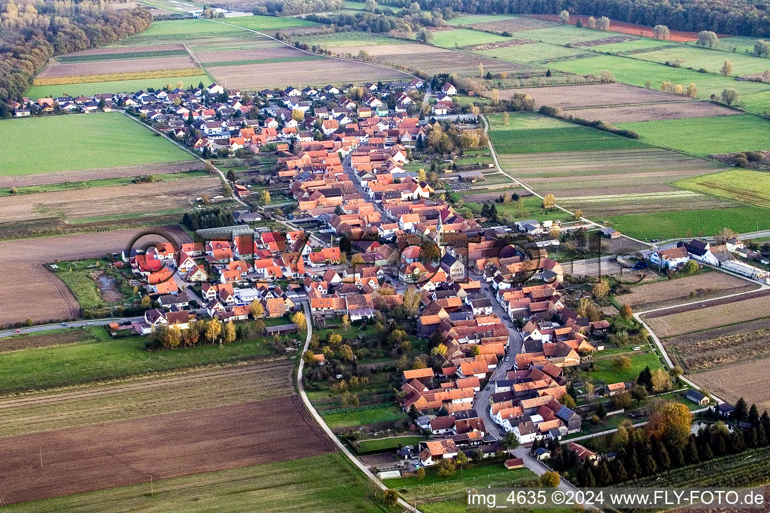 Village - view on the edge of agricultural fields and farmland in the district Gewerbegebiet Horst in Erlenbach bei Kandel in the state Rhineland-Palatinate from above