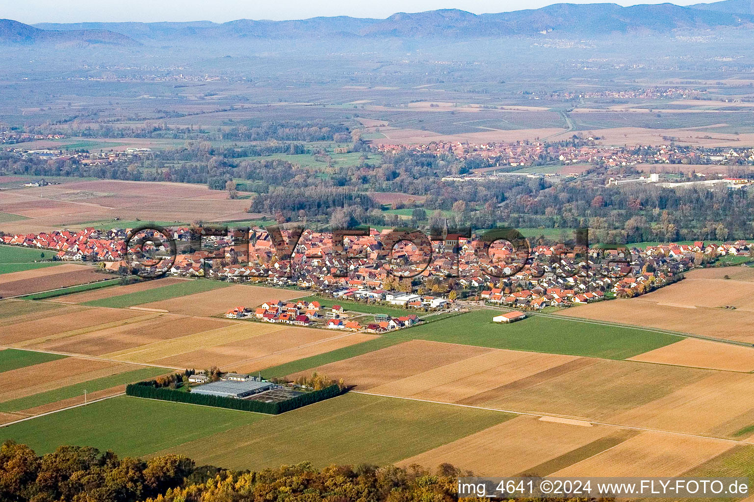 Village - view on the edge of agricultural fields and farmland in Steinweiler in the state Rhineland-Palatinate