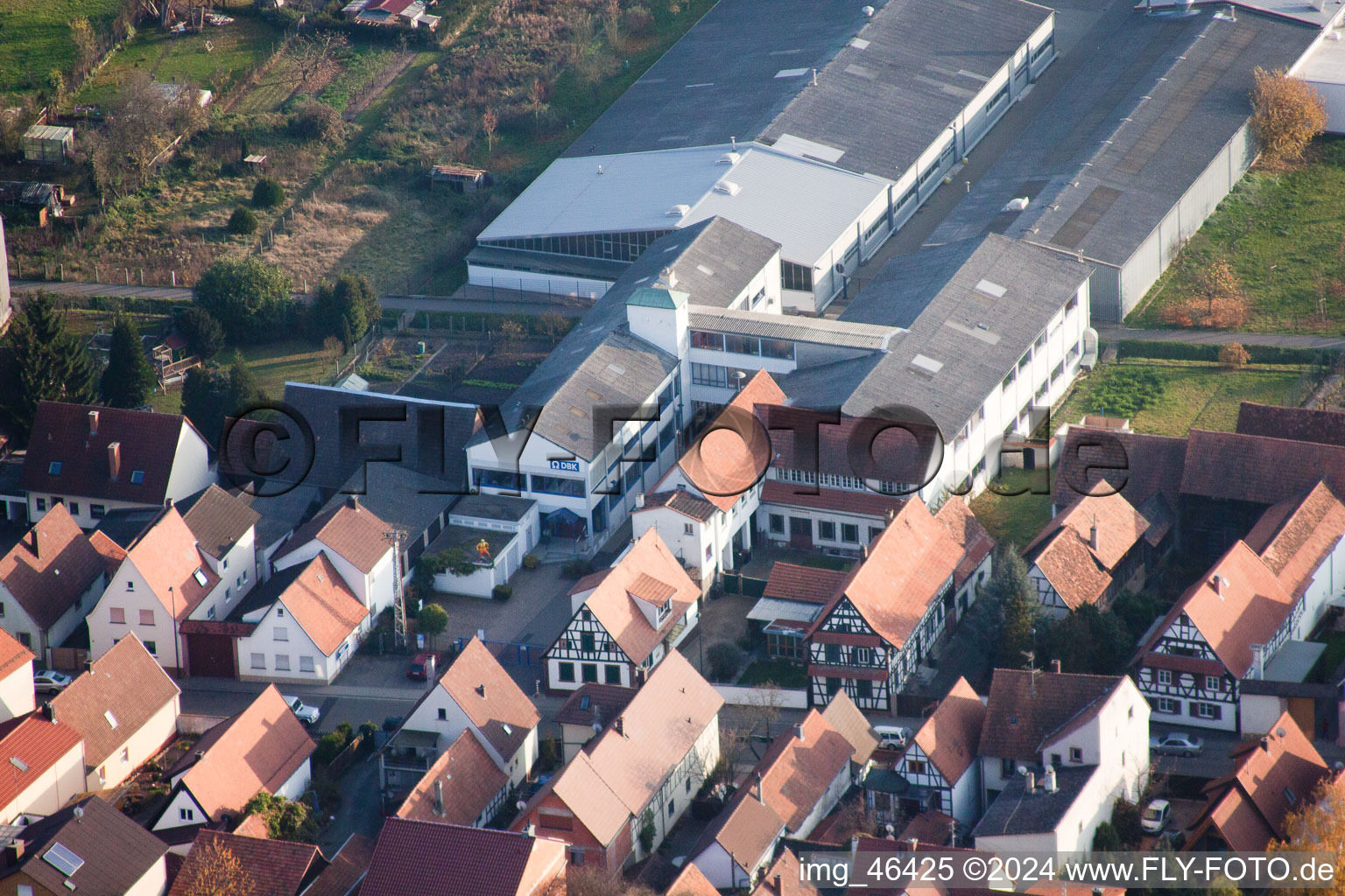 Rheinstrasse, DBK in Kandel in the state Rhineland-Palatinate, Germany from the plane