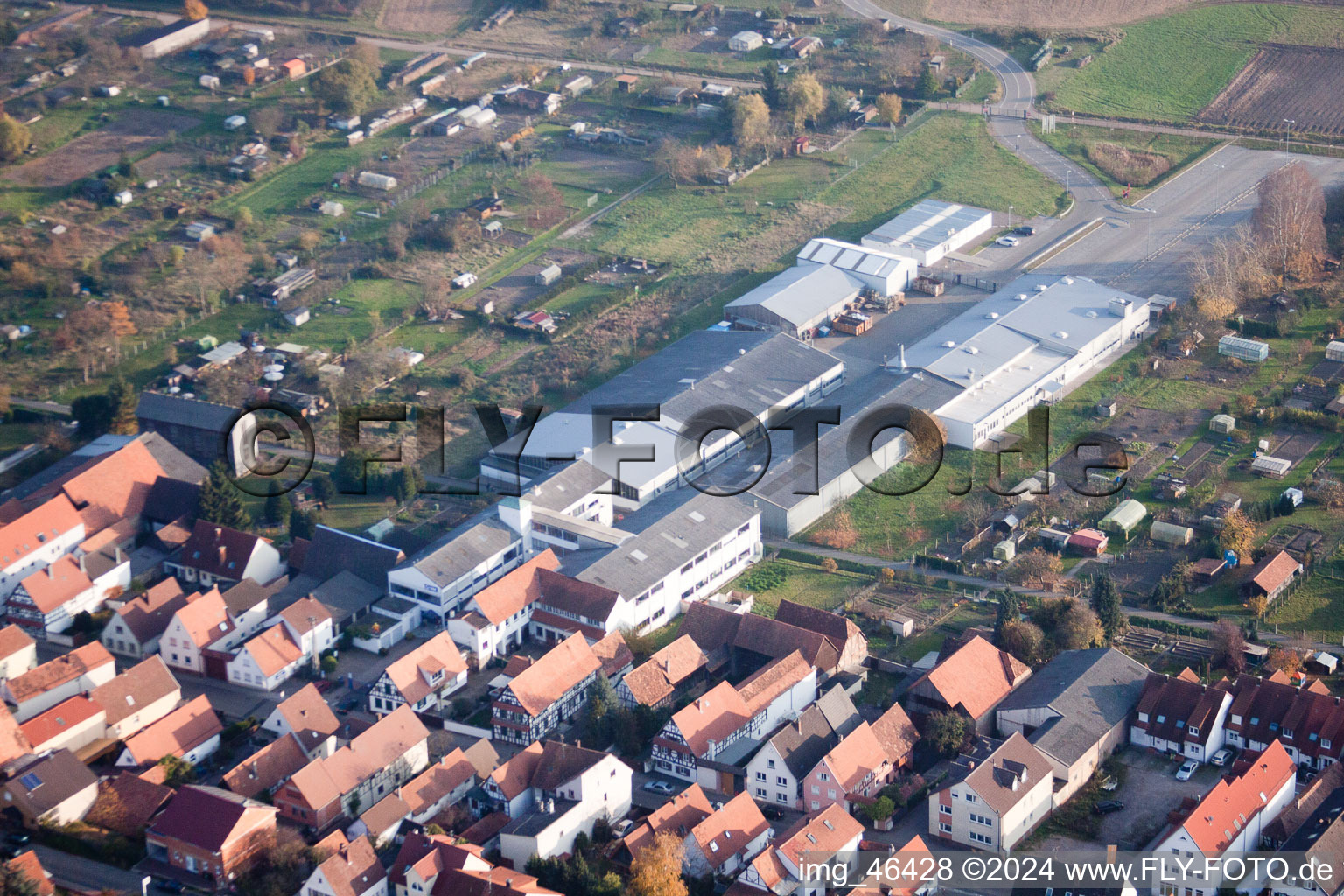 Rheinstrasse, DBK in Kandel in the state Rhineland-Palatinate, Germany viewn from the air