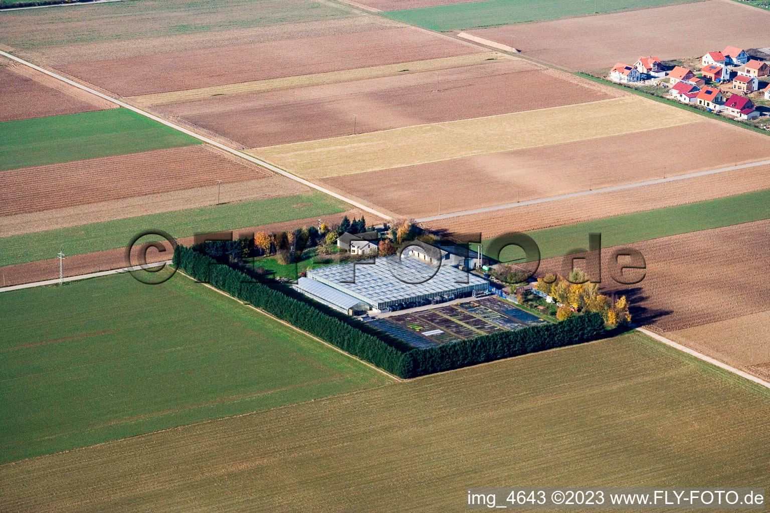 Aerial view of Sudetenhof in Steinweiler in the state Rhineland-Palatinate, Germany