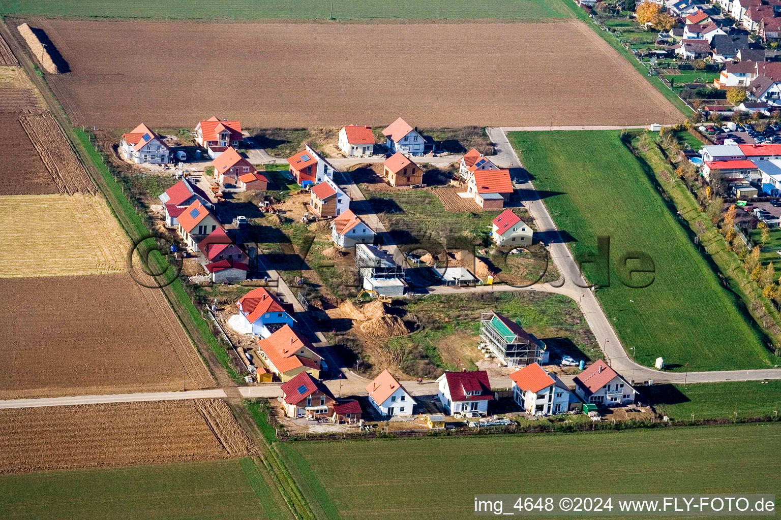 Oblique view of New development area Brotäcker in Steinweiler in the state Rhineland-Palatinate, Germany