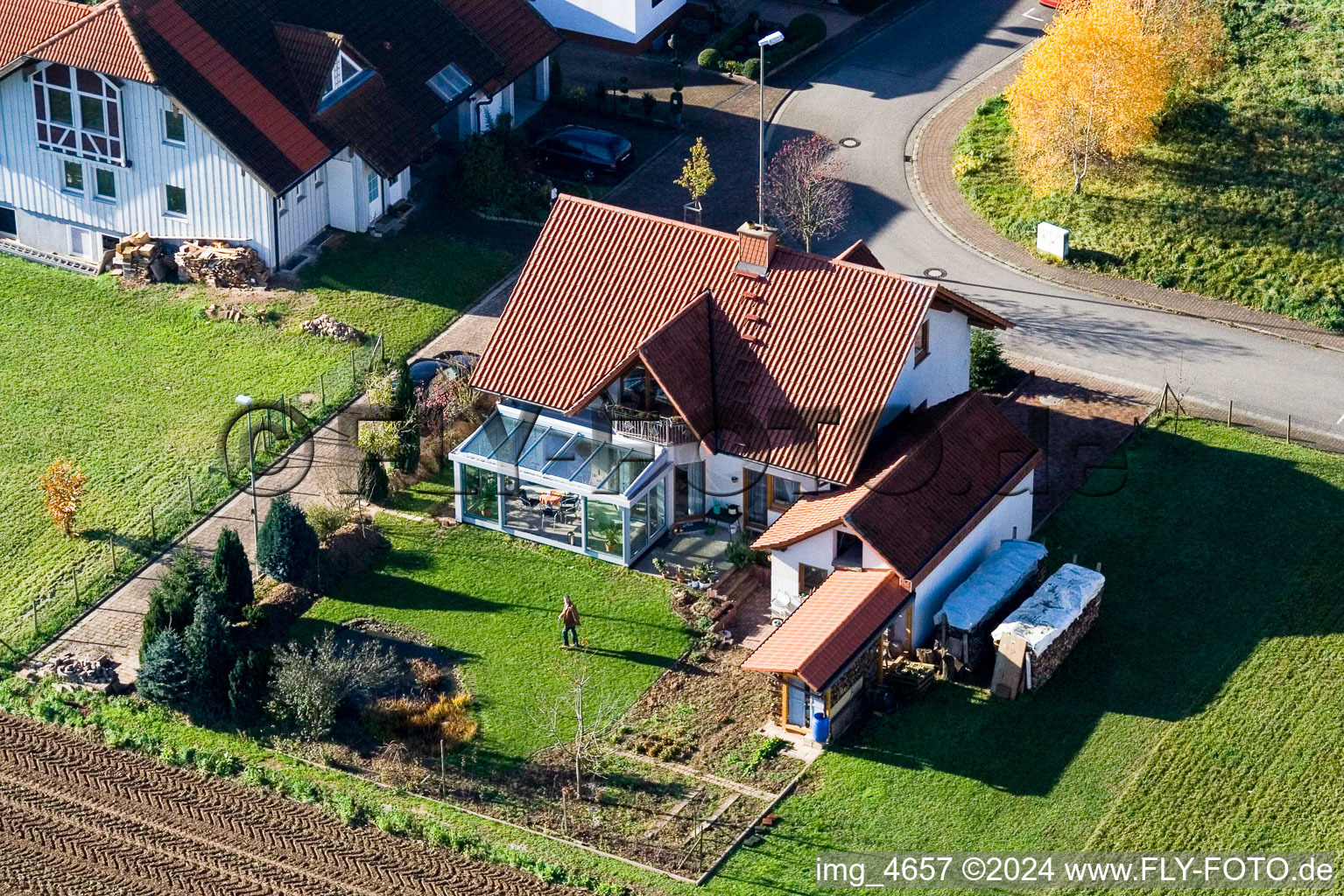 Drone recording of Klingbachstr in Steinweiler in the state Rhineland-Palatinate, Germany