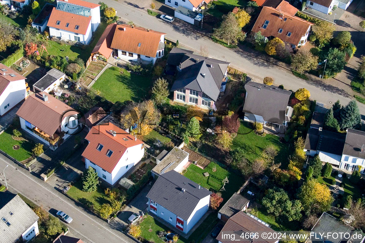 Aerial view of Lessingstr in Steinweiler in the state Rhineland-Palatinate, Germany