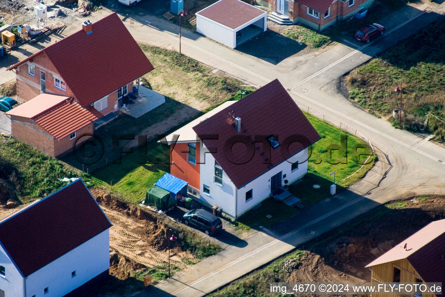 Brotäcker new development area in Steinweiler in the state Rhineland-Palatinate, Germany from the plane