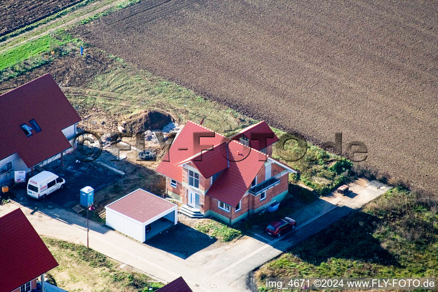 Bird's eye view of New development area Brotäcker in Steinweiler in the state Rhineland-Palatinate, Germany