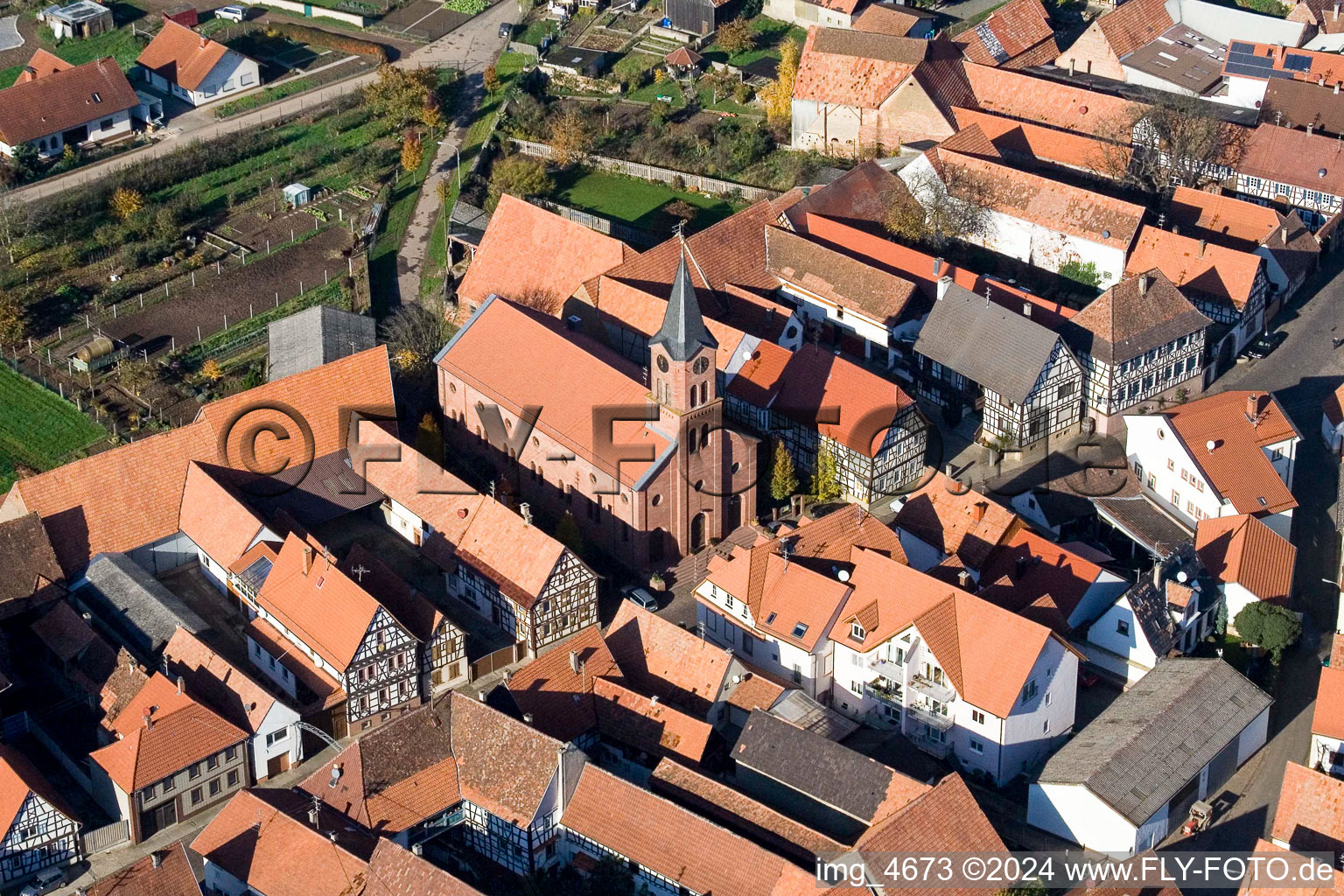 Aerial photograpy of Church building in the village of in Steinweiler in the state Rhineland-Palatinate