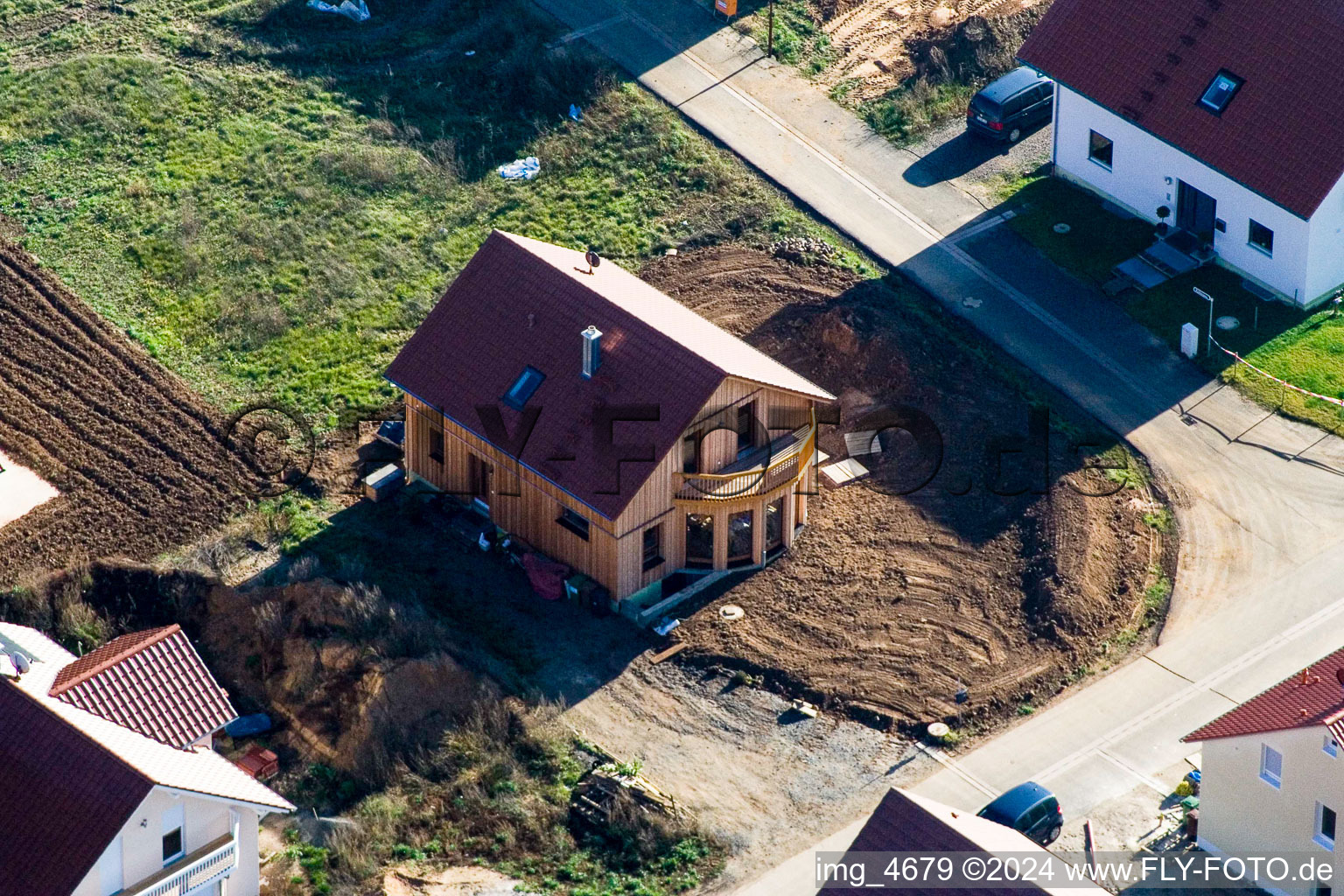 New development area Brotäcker in Steinweiler in the state Rhineland-Palatinate, Germany viewn from the air