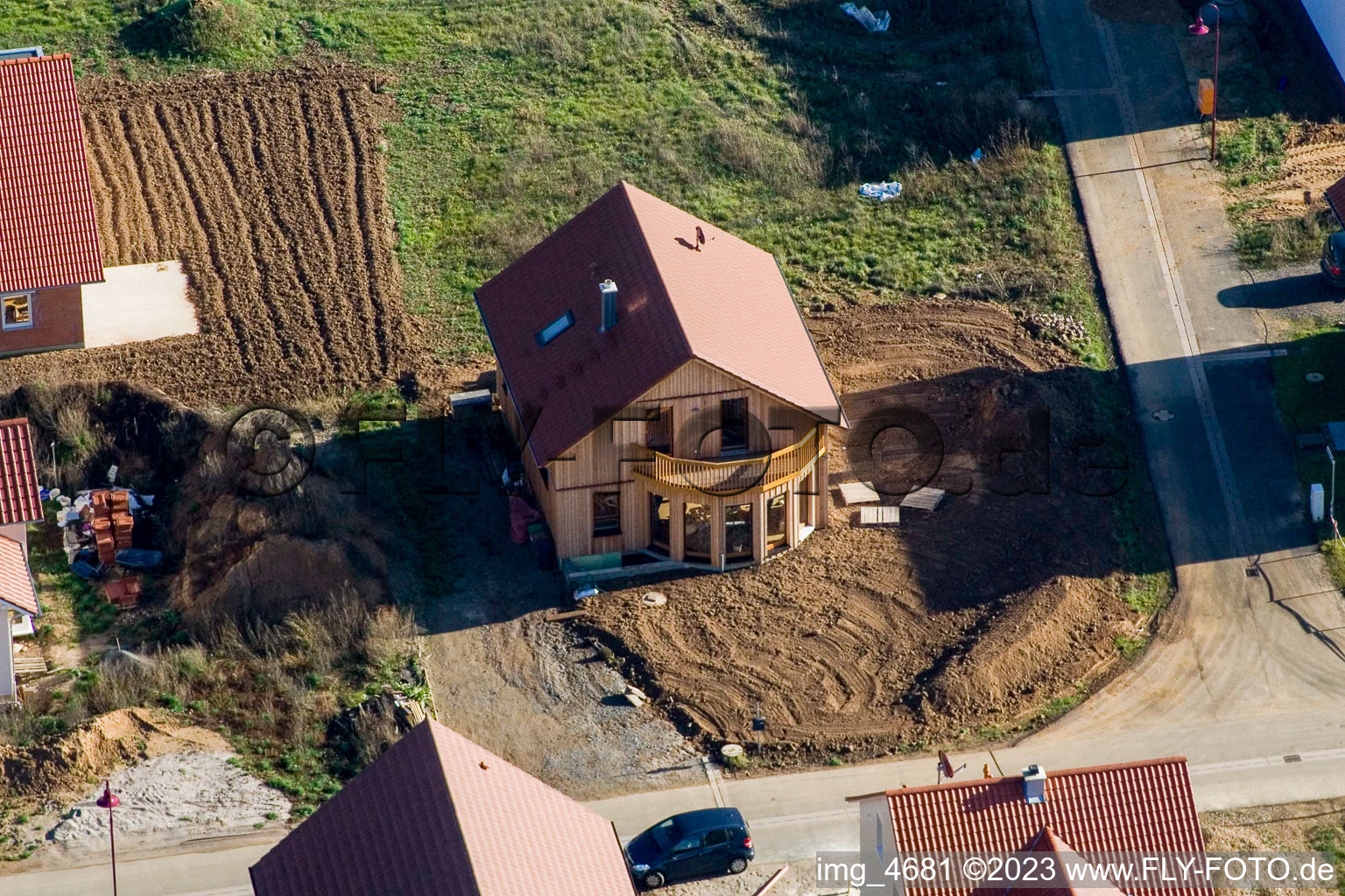 Drone recording of Brotäcker new development area in Steinweiler in the state Rhineland-Palatinate, Germany