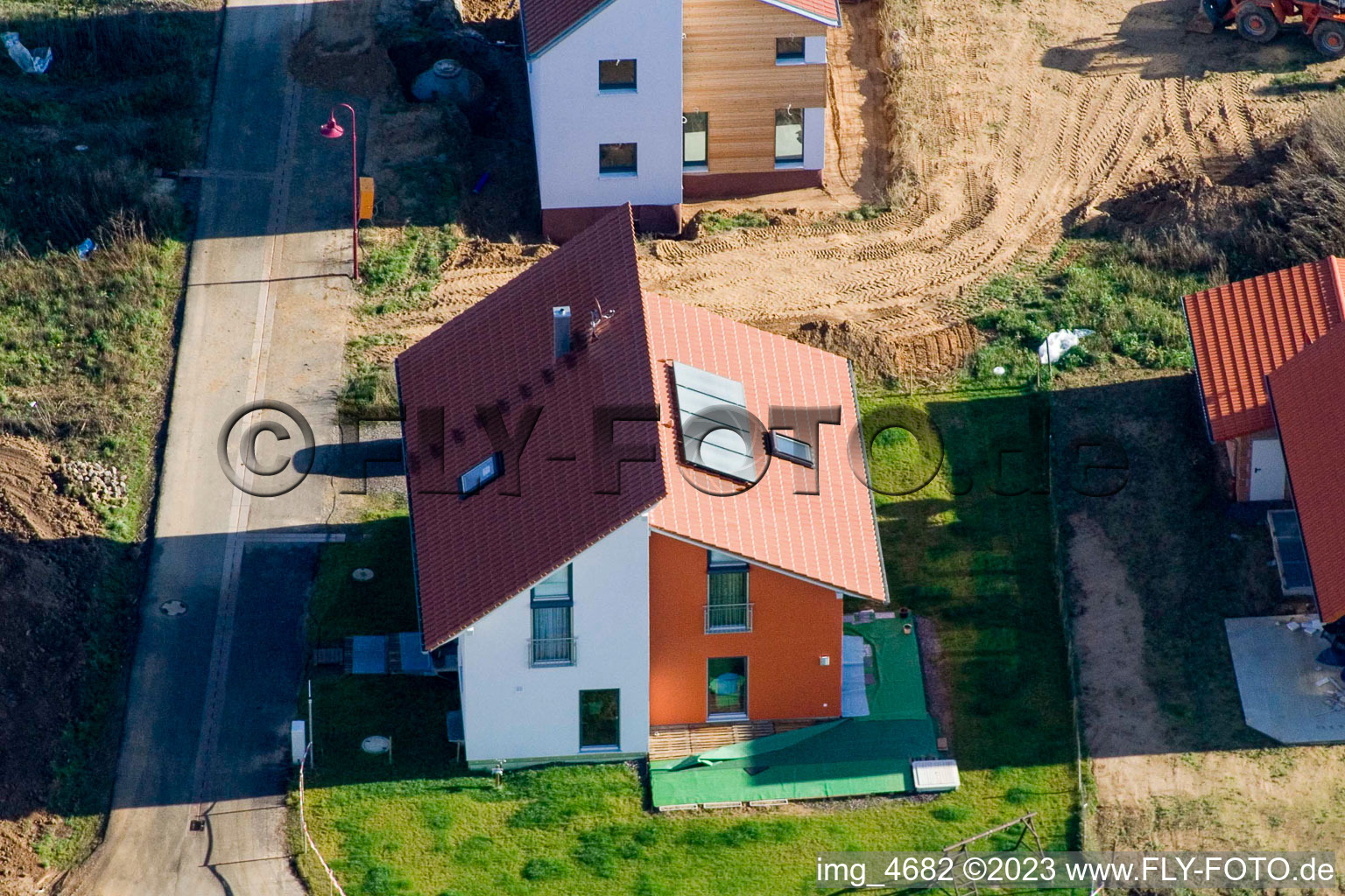 Drone image of Brotäcker new development area in Steinweiler in the state Rhineland-Palatinate, Germany