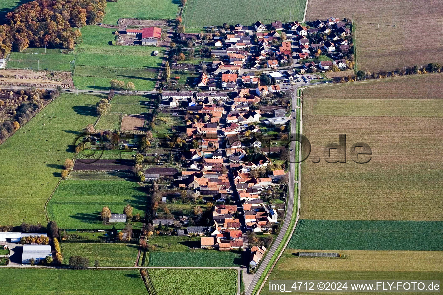 Aerial view of Village - view on the edge of agricultural fields and farmland in the district Minderslachen in Kandel in the state Rhineland-Palatinate