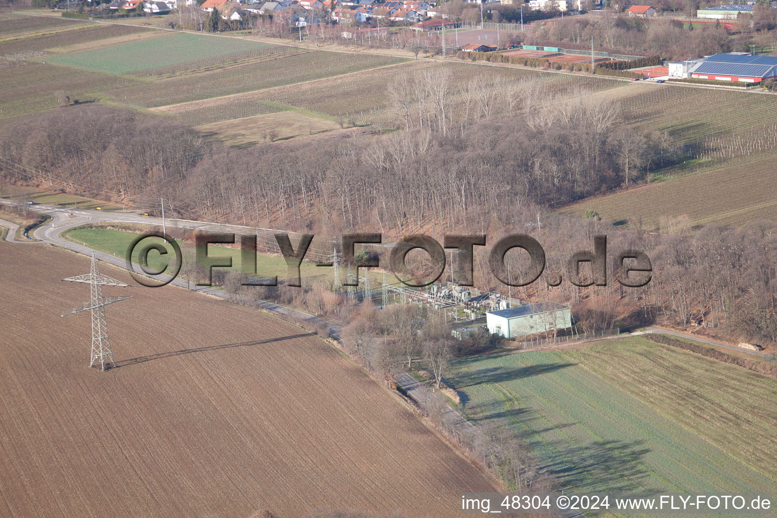 Aerial view of Substation in Bad Bergzabern in the state Rhineland-Palatinate, Germany